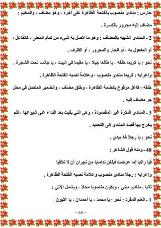 ~ 60 ~
: ‫والمخيم‬ ، ‫مضاف‬ ‫وهو‬ ، ‫آخره‬ ‫على‬ ‫الظاهرة‬ ‫بالفتحة‬ ‫منصوب‬ ‫منادى‬ : ‫حارس‬
. ‫بالكسرة‬ ‫مجرور‬ ‫إليه‬ ‫مضاف‬
2
، ‫كالفاعل‬ ، ‫المعنى‬ ‫تمام‬ ‫من‬ ‫شيء‬ ‫به‬ ‫اتصل‬ ‫ما‬ ‫وهو‬ : ‫بالمضاف‬ ‫الشبيه‬ ‫المنادى‬ ‫ـ‬
‫أو‬ ، ‫والمجرور‬ ‫الجار‬ ‫أو‬ ، ‫به‬ ‫المفعول‬ ‫أو‬
. ‫الظرف‬
. ‫الشجرة‬ ‫تحت‬ ‫جالسا‬ ‫يا‬ ، ‫البيت‬ ‫في‬ ‫مقيما‬ ‫يا‬ ، ‫جبال‬ ‫طالعا‬ ‫يا‬ ، ‫خلقه‬ ‫كريما‬ ‫يا‬ : ‫نحو‬
. ‫الظاهرة‬ ‫الفتحة‬ ‫نصبه‬ ‫وعالمة‬ ، ‫منصوب‬ ‫منادى‬ ‫كريما‬ : ‫وإعرابه‬
‫محل‬ ‫في‬ ‫المتصل‬ ‫والضمير‬ ، ‫مضاف‬ ‫وخلق‬ ، ‫الظاهرة‬ ‫بالضمة‬ ‫مرفوع‬ ‫فاعل‬ : ‫خلقه‬
. ‫إليه‬ ‫مضاف‬ ‫جر‬
3
‫ا‬ ‫غير‬ ‫النكرة‬ ‫المنادى‬ ‫ـ‬
‫فلم‬ ، ‫شيوعها‬ ‫على‬ ‫النداء‬ ‫بعد‬ ‫بقيت‬ ‫التي‬ ‫وهى‬ : ‫لمقصودة‬
. ‫التحديد‬ ‫إلى‬ ‫المنادى‬ ‫قصد‬ ‫بها‬ ‫يخرج‬
. ‫بيدي‬ ‫خذ‬ ‫رجال‬ ‫يا‬ : ‫نحو‬
48
: ‫الشاعر‬ ‫قول‬ ‫ومنه‬ ‫ـ‬
‫تالقيا‬ ‫ال‬ ‫أن‬ ‫نجران‬ ‫من‬ ‫ندامايا‬ ‫فبلغن‬ ‫عرضت‬ ‫إما‬ ‫راكبا‬ ‫فيا‬
. ‫الظاهرة‬ ‫الفتحة‬ ‫نصبه‬ ‫وعالمة‬ ‫منصوب‬ ‫منادى‬ ‫رجال‬ : ‫وإعرابه‬
‫منا‬ ‫ـ‬ ‫ثانيا‬
: ‫اآلتي‬ ‫ويشمل‬ ، ‫محال‬ ‫منصوبا‬ ‫ويكون‬ ، ‫مبني‬ ‫دى‬
1
. ‫عليون‬ ‫يا‬ ، ‫أحمدان‬ ‫يا‬ ، ‫محمد‬ ‫يا‬ : ‫نحو‬ : ‫المفرد‬ ‫العلم‬ ‫ـ‬
 