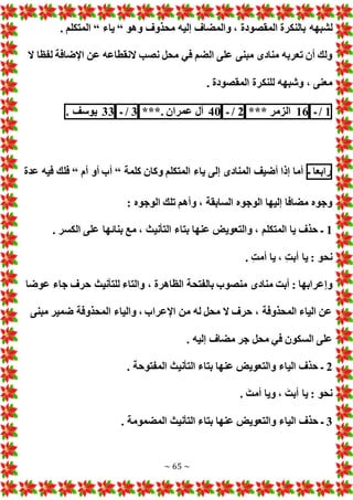 ~ 65 ~
‫لشبهه‬
‫وهو‬ ‫محذوف‬ ‫إليه‬ ‫والمضاف‬ ، ‫المقصودة‬ ‫بالنكرة‬
“
‫ياء‬
“
. ‫المتكلم‬
‫ال‬ ‫لفظا‬ ‫اإلضافة‬ ‫عن‬ ‫النقطاعه‬ ‫نصب‬ ‫محل‬ ‫في‬ ‫الضم‬ ‫على‬ ‫مبنى‬ ‫منادى‬ ‫تعربه‬ ‫أن‬ ‫ولك‬
. ‫المقصودة‬ ‫للنكرة‬ ‫وشبهه‬ ، ‫معنى‬
1
/
‫ـ‬
16
‫الزمر‬
***
2
/
‫ـ‬
40
‫آل‬
‫عمران‬
.
***
3
/
‫ـ‬
33
‫يوسف‬
.
‫رابعا‬
‫ـ‬
‫كلمة‬ ‫وكان‬ ‫المتكلم‬ ‫ياء‬ ‫إلى‬ ‫المنادى‬ ‫أضيف‬ ‫إذا‬ ‫أما‬
“
‫أم‬ ‫أو‬ ‫أب‬
“
‫عدة‬ ‫فيه‬ ‫فلك‬
: ‫الوجوه‬ ‫تلك‬ ‫وأهم‬ ، ‫السابقة‬ ‫الوجوه‬ ‫إليها‬ ‫مضافا‬ ‫وجوه‬
1
. ‫الكسر‬ ‫على‬ ‫بنائها‬ ‫مع‬ ، ‫التأنيث‬ ‫بتاء‬ ‫عنها‬ ‫والتعوي‬ ، ‫المتكلم‬ ‫يا‬ ‫حذف‬ ‫ـ‬
. ‫أمت‬ ‫يا‬ ، ‫أبت‬ ‫يا‬ : ‫نحو‬
‫بالفتح‬ ‫منصوب‬ ‫منادى‬ ‫أبت‬ : ‫وإعرابها‬
‫عوضا‬ ‫جاء‬ ‫حرف‬ ‫للتأنيث‬ ‫والتاء‬ ، ‫الظاهرة‬ ‫ة‬
‫مبنى‬ ‫ضمير‬ ‫المحذوفة‬ ‫والياء‬ ، ‫اإلعراب‬ ‫من‬ ‫له‬ ‫محل‬ ‫ال‬ ‫حرف‬ ، ‫المحذوفة‬ ‫الياء‬ ‫عن‬
. ‫إليه‬ ‫مضاف‬ ‫جر‬ ‫محل‬ ‫في‬ ‫السكون‬ ‫على‬
2
. ‫المفتوحة‬ ‫التأنيث‬ ‫بتاء‬ ‫عنها‬ ‫والتعوي‬ ‫الياء‬ ‫حذف‬ ‫ـ‬
. َ‫أمت‬ ‫ويا‬ ، َ‫أبت‬ ‫يا‬ : ‫نحو‬
3
‫بتا‬ ‫عنها‬ ‫والتعوي‬ ‫الياء‬ ‫حذف‬ ‫ـ‬
. ‫المضمومة‬ ‫التأنيث‬ ‫ء‬
 