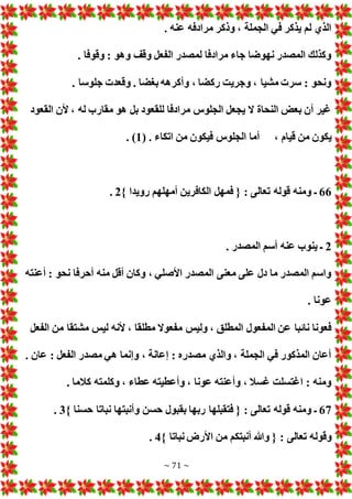 ~ 71 ~
. ‫عنه‬ ‫مرادفه‬ ‫وذكر‬ ، ‫الجملة‬ ‫في‬ ‫يذكر‬ ‫لم‬ ‫الذي‬
. ‫وقوفا‬ : ‫وهو‬ ‫وقف‬ ‫الفعل‬ ‫لمصدر‬ ‫مرادفا‬ ‫جاء‬ ‫نهوضا‬ ‫المصدر‬ ‫وكذلك‬
. ‫جلوسا‬ ‫وقعد‬ . ‫بغضا‬ ‫وأكرهه‬ ، ‫ركضا‬ ‫وجريت‬ ، ‫مشيا‬ ‫سر‬ : ‫ونحو‬
‫القعود‬ ‫ألن‬ ، ‫له‬ ‫مقارب‬ ‫هو‬ ‫بل‬ ‫للقعود‬ ‫مرادفا‬ ‫الجلوس‬ ‫يجعل‬ ‫ال‬ ‫النحاة‬ ‫بع‬ ‫أن‬ ‫غير‬
، ‫قيام‬ ‫من‬ ‫يكون‬
( . ‫اتكاء‬ ‫من‬ ‫فيكون‬ ‫الجلوس‬ ‫أما‬
1
. )
66
} ‫رويدا‬ ‫أمهلهم‬ ‫الكافرين‬ ‫فمهل‬ { : ‫تعالى‬ ‫قوله‬ ‫ومنه‬ ‫ـ‬
2
.
2
. ‫المصدر‬ ‫أسم‬ ‫عنه‬ ‫ينوب‬ ‫ـ‬
‫أعنته‬ : ‫نحو‬ ‫أحرفا‬ ‫منه‬ ‫أقل‬ ‫وكان‬ ، ‫األصلي‬ ‫المصدر‬ ‫معنى‬ ‫على‬ ‫دل‬ ‫ما‬ ‫المصدر‬ ‫واسم‬
. ‫عونا‬
‫وليس‬ ، ‫المطلق‬ ‫المفعول‬ ‫عن‬ ‫نائبا‬ ‫فعونا‬
‫الفعل‬ ‫من‬ ‫مشتقا‬ ‫ليس‬ ‫ألنه‬ ، ‫مطلقا‬ ‫مفعوال‬
. ‫عان‬ : ‫الفعل‬ ‫مصدر‬ ‫هي‬ ‫وإنما‬ ، ‫إعانة‬ : ‫مصدره‬ ‫والذي‬ ، ‫الجملة‬ ‫في‬ ‫المذكور‬ ‫أعان‬
. ‫كالما‬ ‫وكلمته‬ ، ‫عطاء‬ ‫وأعطيته‬ ، ‫عونا‬ ‫وأعنته‬ ، ‫غسال‬ ‫اغتسلت‬ : ‫ومنه‬
67
} ‫حسنا‬ ‫نباتا‬ ‫وأنبتها‬ ‫حسن‬ ‫بقبول‬ ‫ربها‬ ‫فتقبلها‬ { : ‫تعالى‬ ‫قوله‬ ‫ومنه‬ ‫ـ‬
3
.
‫وقول‬
} ‫نباتا‬ ‫األرض‬ ‫من‬ ‫أنبتكم‬ ‫وهللا‬ { : ‫تعالى‬ ‫ه‬
4
.
 