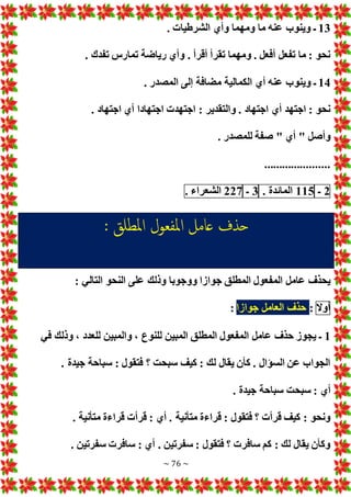 ~ 76 ~
13
. ‫الشرطيا‬ ‫وأي‬ ‫ومهما‬ ‫ما‬ ‫عنه‬ ‫وينوب‬ ‫ـ‬
. ‫تفدك‬ ‫تمارس‬ ‫رياضة‬ ‫وأي‬ . ‫أقرأ‬ ‫تقرأ‬ ‫ومهما‬ . ‫أفعل‬ ‫تفعل‬ ‫ما‬ : ‫نحو‬
14
‫وينو‬ ‫ـ‬
. ‫المصدر‬ ‫إلى‬ ‫مضافة‬ ‫الكمالية‬ ‫أي‬ ‫عنه‬ ‫ب‬
. ‫اجتهاد‬ ‫أي‬ ‫اجتهادا‬ ‫اجتهد‬ : ‫والتقدير‬ . ‫اجتهاد‬ ‫أي‬ ‫اجتهد‬ : ‫نحو‬
. ‫للمصدر‬ ‫صفة‬ " ‫أي‬ " ‫وأصل‬
......................
2
‫ـ‬
115
‫المائدة‬
.
3
‫ـ‬
227
‫الشعراء‬
.
: ‫املطلق‬ ‫املفعول‬ ‫عامل‬ ‫حذف‬
‫وذلك‬ ‫ووجوبا‬ ‫جوازا‬ ‫المطلق‬ ‫المفعول‬ ‫عامل‬ ‫يحذف‬
: ‫التالي‬ ‫النحو‬ ‫على‬
‫أوال‬
:
‫جوازا‬ ‫العامل‬ ‫حذف‬
:
1
‫في‬ ‫وذلك‬ ، ‫للعدد‬ ‫والمبين‬ ، ‫للنوع‬ ‫المبين‬ ‫المطلق‬ ‫المفعول‬ ‫عامل‬ ‫حذف‬ ‫يجوز‬ ‫ـ‬
. ‫جيدة‬ ‫سباحة‬ : ‫فتقول‬ ‫؟‬ ‫سبحت‬ ‫كيف‬ : ‫لك‬ ‫يقال‬ ‫كأن‬ . ‫السؤال‬ ‫عن‬ ‫الجواب‬
. ‫جيدة‬ ‫سباحة‬ ‫سبحت‬ : ‫أي‬
‫قرأ‬ : ‫أي‬ . ‫متأنية‬ ‫قراءة‬ : ‫فتقول‬ ‫؟‬ ‫قرأ‬ ‫كيف‬ : ‫ونحو‬
. ‫متأنية‬ ‫قراءة‬
. ‫سفرتين‬ ‫سافر‬ : ‫أي‬ . ‫سفرتين‬ : ‫فتقول‬ ‫؟‬ ‫سافر‬ ‫كم‬ : ‫لك‬ ‫يقال‬ ‫وكأن‬
 