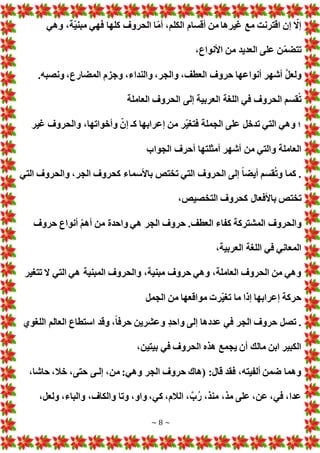 ~ 8 ~
‫وهي‬ ،‫ّة‬‫ي‬‫مبن‬ ‫فهي‬ ‫كلها‬ ‫الحروف‬ ‫ا‬ّ‫م‬‫أ‬ ،‫الكلم‬ ‫أقسام‬ ‫من‬ ‫غيرها‬ ‫مع‬ ‫اقترنت‬ ‫إن‬ ّ
‫إال‬
،‫األنواع‬ ‫من‬ ‫العديد‬ ‫على‬ ‫ن‬ّ‫م‬‫تتض‬
‫المضار‬ ‫وجزم‬ ،‫والنداء‬ ،‫والجر‬ ،‫العطف‬ ‫حروف‬ ‫أنواعها‬ ‫أشهر‬ َّ‫ل‬‫ولع‬
.‫ونصبه‬ ،‫ع‬
‫العاملة‬ ‫الحروف‬ ‫إلى‬ ‫العربية‬ ‫اللغة‬ ‫في‬ ‫الحروف‬ ‫قسم‬ُ‫ت‬
‫غير‬ ‫والحروف‬ ،‫وأخواتها‬ ّ‫إن‬ ‫كـ‬ ‫إعرابها‬ ‫من‬ ‫ّر‬‫ي‬‫فتغ‬ ‫الجملة‬ ‫على‬ ‫تدخل‬ ‫التي‬ ‫وهي‬ ‫؛‬
‫الجواب‬ ‫أحرف‬ ‫أمثلتها‬ ‫أشهر‬ ‫من‬ ‫والتي‬ ‫العاملة‬
‫التي‬ ‫والحروف‬ ،‫الجر‬ ‫كحروف‬ ‫باألسماء‬ ‫تختص‬ ‫التي‬ ‫الحروف‬ ‫إلى‬ ً‫ا‬‫أيض‬ ‫قسم‬ُ‫ت‬‫و‬ ‫كما‬ .
‫با‬ ‫تختص‬
،‫التخصيص‬ ‫كحروف‬ ‫ألفعال‬
‫حروف‬ ‫أنواع‬ ّ‫م‬‫أه‬ ‫من‬ ‫واحدة‬ ‫هي‬ ‫الجر‬ ‫حروف‬ .‫العطف‬ ‫كفاء‬ ‫المشتركة‬ ‫والحروف‬
،‫العربية‬ ‫اللغة‬ ‫في‬ ‫المعاني‬
‫تتغير‬ ‫ال‬ ‫التي‬ ‫هي‬ ‫المبنية‬ ‫والحروف‬ ،‫مبنية‬ ‫حروف‬ ‫وهي‬ ،‫العاملة‬ ‫الحروف‬ ‫من‬ ‫وهي‬
‫الجمل‬ ‫من‬ ‫مواقعها‬ ‫ّر‬‫ي‬‫تغ‬ ‫ما‬ ‫إذا‬ ‫إعرابها‬ ‫حركة‬
‫عددها‬ ‫في‬ ‫الجر‬ ‫حروف‬ ‫تصل‬ .
‫اللغوي‬ ‫العالم‬ ‫استطاع‬ ‫وقد‬ ،ً‫ا‬‫حرف‬ ‫وعشرين‬ ٍ‫د‬‫واح‬ ‫إلى‬
،‫بيتين‬ ‫في‬ ‫الحروف‬ ‫هذه‬ ‫يجمع‬ ‫أن‬ ‫مالك‬ ‫ابن‬ ‫الكبير‬
،‫حاشا‬ ،‫خال‬ ،‫حتى‬ ‫إلـى‬ ،‫من‬ :‫وهي‬ ‫الجر‬ ‫حروف‬ ‫(هاك‬ :‫قال‬ ‫فقد‬ ،‫ألفيته‬ ‫ضمن‬ ‫وهما‬
،‫ولعل‬ ،‫والباء‬ ،‫والكاف‬ ‫وتا‬ ،‫واو‬ ،‫كي‬ ،‫الالم‬ ، َّ‫ب‬ُ‫ر‬ ،‫منذ‬ ،‫مذ‬ ‫على‬ ،‫عن‬ ،‫في‬ ،‫عدا‬
 