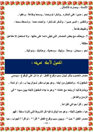 ~ 80 ~
. ‫كاألمثال‬ ‫وصار‬ ، ‫األلسنة‬
. ‫وعفوا‬ ، ‫وطاعة‬ ‫وسمعا‬ . ‫وحمدا‬ ‫هلل‬ ‫وشكرا‬ . ‫المكاره‬ ‫على‬ ‫صبرا‬ : ‫نحو‬
‫وأشكر‬ ، ‫صبرا‬ ‫أصبر‬ : ‫والتقدير‬
، ‫سمعا‬ ‫وأسمعك‬ ، ‫حمدا‬ ‫وأحمده‬ ، ‫شكرا‬ ‫هللا‬
. ‫طاعة‬ ‫وأطيعك‬
7
‫مفاعيل‬ ‫إال‬ ‫تستعمل‬ ‫وال‬ ، ‫حالها‬ ‫على‬ ‫دائما‬ ‫تبقى‬ ‫التي‬ ‫المصادر‬ ‫بع‬ ‫مع‬ ‫ويحذف‬ ‫ـ‬
. ‫مطلقة‬
. ‫ودواليك‬ ، ‫وحنانيك‬ ، ‫وسعديك‬ ، ‫ولبيك‬ ، ‫ومعاذ‬ ، ‫سبحان‬ : ‫نحو‬
‫جهل‬‫ل‬ ‫املفعول‬
: ‫يفه‬‫ر‬‫تع‬
‫وقوع‬ ‫سبب‬ ‫لبيان‬ ‫يذكر‬ ‫منصوب‬ ‫مصدر‬
‫ويسمى‬ ، ‫الوقوع‬ ‫على‬ ‫دل‬ ‫ما‬ ‫أو‬ ، ‫الفعل‬
. ‫لماذا‬ ‫أو‬ ، ‫لم‬ : ‫بـ‬ ‫يبدأ‬ ‫لسؤال‬ ‫مقدر‬ ‫جواب‬ ‫وهو‬ . ‫أجله‬ ‫من‬ ‫والمفعول‬ ، ‫له‬ ‫المفعول‬
‫في‬ " ‫سببه‬ ‫يبين‬ ‫ألجله‬ ‫المفعول‬ ‫جاء‬ ‫ما‬ ‫وهو‬ " ‫عامله‬ ‫مع‬ ‫يتحد‬ ‫أن‬ ‫فيه‬ ‫ويشترط‬
. ‫والفاعل‬ ‫الزمان‬
. ‫القراءة‬ ‫في‬ ‫حبا‬ ‫أقرأ‬ : ‫نحو‬
‫مما‬ ‫وهو‬ ، ‫ألجله‬ ‫مفعول‬ : ‫حبا‬
‫فهو‬ ، ‫سابقا‬ ‫ذكرنا‬ ‫التي‬ ‫الشروط‬ ‫كل‬ ‫فيه‬ ‫توفر‬
‫حبا‬ : ‫الجواب‬ ‫؟‬ ‫أقرأ‬ ‫لم‬ ، " ‫أقرأ‬ " ‫الفعل‬ ‫وقوع‬ ‫سبب‬ ‫ويبين‬ ، " ّ‫حب‬ " ‫الفعل‬ ‫مصدر‬
 