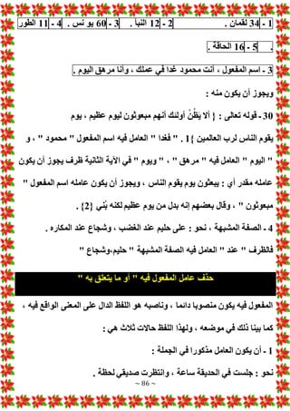 ~ 86 ~
1
‫ـ‬
34
‫لقمان‬
.
2
‫ـ‬
12
‫النبأ‬
.
3
‫ـ‬
60
‫يو‬
‫نس‬
.
4
‫ـ‬
11
‫الطور‬
.
5
‫ـ‬
16
‫الحاقة‬
.
3
‫ـ‬
‫اسم‬
‫المفعول‬
،
‫أنت‬
‫محمود‬
‫غدا‬
‫في‬
‫عملك‬
،
‫وأنا‬
‫مرهق‬
‫اليوم‬
.
: ‫منه‬ ‫يكون‬ ‫أن‬ ‫ويجوز‬
30
‫يوم‬ ، ‫عظيم‬ ‫ليوم‬ ‫مبعوثون‬ ‫أنهم‬ ‫أولئك‬ ُ‫ن‬ُ‫ظ‬َ‫ي‬ ‫أال‬ { : ‫تعالى‬ ‫قوله‬ ‫ـ‬
} ‫العالمين‬ ‫لرب‬ ‫الناس‬ ‫يقوم‬
1
‫فغدا‬ " .
‫و‬ ، " ‫محمود‬ " ‫المفعول‬ ‫اسم‬ ‫فيه‬ ‫العامل‬ "
‫يكون‬ ‫أن‬ ‫يجوز‬ ‫ظرف‬ ‫الثانية‬ ‫اآلية‬ ‫في‬ " ‫ويوم‬ " ، " ‫مرهق‬ " ‫فيه‬ ‫العامل‬ " ‫اليوم‬ "
" ‫المفعول‬ ‫اسم‬ ‫عامله‬ ‫يكون‬ ‫أن‬ ‫ويجوز‬ ، ‫الناس‬ ‫يقوم‬ ‫يوم‬ ‫يبعثون‬ : ‫أي‬ ‫مقدر‬ ‫عامله‬
{ ‫ُني‬‫ب‬ ‫لكنه‬ ‫عظيم‬ ‫يوم‬ ‫من‬ ‫بدل‬ ‫إنه‬ ‫بعضهم‬ ‫وقال‬ ، " ‫مبعوثون‬
2
. }
4
‫الصف‬ ‫ـ‬
. ‫المكاره‬ ‫عند‬ ‫وشجاع‬ ، ‫الغضب‬ ‫عند‬ ‫حليم‬ ‫على‬ : ‫نحو‬ ، ‫المشبهة‬ ‫ة‬
" ‫وشجاع‬،‫حليم‬ " ‫المشبهة‬ ‫الصفة‬ ‫فيه‬ ‫العامل‬ " ‫عند‬ " ‫فالظرف‬
" ‫به‬ ‫يتعلق‬ ‫ما‬ ‫أو‬ " ‫فيه‬ ‫المفعول‬ ‫عامل‬ ‫حذف‬
، ‫فيه‬ ‫الواقع‬ ‫المعنى‬ ‫على‬ ‫الدال‬ ‫اللفظ‬ ‫هو‬ ‫وناصبه‬ ، ‫دائما‬ ‫منصوبا‬ ‫يكون‬ ‫فيه‬ ‫المفعول‬
‫موضعه‬ ‫في‬ ‫ذلك‬ ‫بينا‬ ‫كما‬
: ‫هي‬ ‫ثالث‬ ‫حاال‬ ‫اللفظ‬ ‫ولهذا‬ ،
1
: ‫الجملة‬ ‫في‬ ‫مذكورا‬ ‫العامل‬ ‫يكون‬ ‫أن‬ ‫ـ‬
. ‫لحظة‬ ‫صديقي‬ ‫وانتظر‬ ، ‫ساعة‬ ‫الحديقة‬ ‫في‬ ‫جلست‬ : ‫نحو‬
 