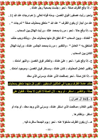 ~ 88 ~
. ‫عندك‬ ‫رجل‬ ‫بصحبة‬ ‫جلست‬ : ‫نحو‬ ، ‫صفة‬ ‫الظرف‬ ‫وقع‬ ‫إذا‬ ‫ـ‬ ‫أ‬
} ‫هللا‬ ‫عند‬ ‫درجا‬ ‫هم‬ {: ‫تعالى‬ ‫قوله‬ ‫ومنه‬ ، ‫الغصن‬ ‫فوق‬ ‫عصفورا‬ ‫رأيت‬ :‫ونحو‬
1
.
. " ‫لدرجا‬ " ‫صفة‬ ‫بمحذوف‬ ‫متعلق‬ " ‫هللا‬ ‫عند‬ " ‫الظرف‬ ‫يكون‬ ‫أن‬ ‫أجاز‬ ‫من‬ ‫عند‬
‫ور‬ ، ‫عنك‬ ‫بمحمد‬ ‫مرر‬ : ‫نحو‬ ، ‫حاال‬ ‫وقع‬ ‫إذا‬ ‫ـ‬ ‫ب‬
. ‫السحاب‬ ‫بين‬ ‫الهالل‬ ‫أيت‬
‫حذف‬ ‫وجب‬ ‫وبذلك‬ ، ‫حال‬ ‫بمحذوف‬ ‫منها‬ ‫كل‬ ‫تعلق‬ ‫قد‬ " ‫السحاب‬ ‫وبين‬ ، ‫فعندك‬ "
‫الهالل‬ ‫ورأيت‬ ، ‫عندك‬ ‫الجالس‬ ‫بمحمد‬ ‫مرر‬ : ‫والتقدير‬ ، " ‫العامل‬ " ‫به‬ ‫المتعلق‬
. ‫السحاب‬ ‫بين‬ ‫الكائن‬
، ‫أمامك‬ ‫والنهر‬ ، ‫الغصن‬ ‫فوق‬ ‫والطائر‬ ، ‫عندك‬ ّ‫علي‬ : ‫نحو‬ ، ‫خبرا‬ ‫وقع‬ ‫إذا‬ ‫ـ‬ ‫ج‬
. ‫أمامك‬ ‫وموجود‬ ، ‫الغصن‬ ‫فوق‬ ‫ومستقر‬ ، ‫عندك‬ ‫كائن‬ : ‫المحذوف‬ ‫العامل‬ ‫وتقدير‬
‫معك‬ ‫الذي‬ ‫وسرني‬، ‫عندك‬ ‫الذي‬ ‫صافحت‬: ‫نحو‬ ، ‫صلة‬ ‫كان‬ ‫إذا‬ ‫ـ‬ ‫د‬
‫بمحذوف‬ ‫متعلق‬ ‫منهما‬ ‫كل‬ ‫لكون‬ ، ‫السابقين‬ ‫المثالين‬ ‫في‬ ‫وجوبا‬ ‫الظرف‬ ‫عامال‬ ‫حذف‬
‫جم‬ ‫إال‬ ‫تكون‬ ‫ال‬ ‫الصلة‬ ‫ألن‬ ، ‫وجد‬ ‫أو‬ ، ‫استقر‬ : ‫والتقدير‬ ، ‫صلة‬
‫على‬ ‫فنقول‬ ، ‫لة‬
1
‫ـ‬
163
‫آل‬
‫عمران‬
.
‫أو‬ ‫جاء‬ ‫أو‬ ، ‫معك‬ ‫وجد‬ ‫الذي‬ ‫وسرني‬ ، ‫عندك‬ ‫استقر‬ ‫الذي‬ ‫صافحت‬ : ‫الكالم‬ ‫تقدير‬
. ‫ونظائرها‬ ، ‫استقر‬
. ‫فيه‬ ‫سافر‬ ‫الجمعة‬ ‫يوم‬ : ‫نحو‬ ، ‫عنه‬ ‫مشغوال‬ ‫الظرف‬ ‫يكون‬ ‫أن‬ ‫ـ‬ ‫هـ‬
 