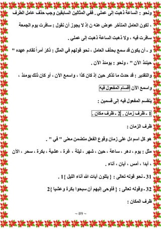 ~ 89 ~
‫الطرف‬ ‫عامل‬ ‫حذف‬ ‫وجب‬ ‫السابقين‬ ‫المثالين‬ ‫ففي‬ . ‫عملي‬ ‫إلى‬ ‫ذهبت‬ ‫الساعة‬ : ‫ونحو‬
،
‫الجمعة‬ ‫يوم‬ ‫سافر‬ : ‫نقول‬ ‫أن‬ ‫يجوز‬ ‫ال‬ ‫إذ‬ ‫ن‬ ‫عنه‬ ‫عوض‬ ‫المتأخر‬ ‫العامل‬ ‫لكون‬
. ‫عملي‬ ‫إلى‬ ‫ذهبت‬ ‫الساعة‬ ‫ذهبت‬ ‫وال‬ ، ‫فيه‬ ‫سافر‬
" ‫عهده‬ ‫تقادم‬ً‫ا‬‫أمر‬ َ‫ذكر‬ : ‫المثل‬ ‫في‬ ‫قولهم‬ ‫نحو‬ ، ‫العامل‬ ‫بحذف‬ ‫سمع‬ ‫قد‬ ‫يكون‬ ‫أن‬ ‫ـ‬ ‫و‬
. ‫اآلن‬ ‫يومئذ‬ : ‫ونحو‬ ، " ‫اآلن‬ ‫حينئذ‬
‫حين‬ ‫تذكر‬ ‫ما‬ ‫حدث‬ ‫قد‬ : ‫والتقدير‬
، ‫يومئذ‬ ‫ذلك‬ ‫كان‬ ‫أو‬ ، ‫اآلن‬ ‫واسمع‬ ، ‫كذا‬ ‫كان‬ ‫إذ‬
‫اآلن‬ ‫واسمع‬
‫أقسام‬
‫المفعول‬
‫فيه‬
: ‫قسمين‬ ‫إلى‬ ‫فيه‬ ‫المفعول‬ ‫ينقسم‬
1
‫ـ‬
‫ظرف‬
‫زمان‬
.
2
‫ـ‬
‫ظرف‬
‫مكان‬
.
: ‫الزمان‬ ‫ظرف‬
. " ‫في‬ " ‫معنى‬ ‫متضمن‬ ‫الفعل‬ ‫وقوع‬ ‫زمان‬ ‫على‬ ‫دل‬ ‫اسم‬ ‫كل‬ ‫هو‬
، ‫عشية‬ ، ‫غرة‬ ، ‫ليلة‬ ، ‫شهر‬ ، ‫حين‬ ، ‫ساعة‬ ، ‫دهر‬ ، ‫يوم‬ : ‫مثل‬
‫اآلن‬ ، ‫سحر‬ ، ‫بكرة‬
. ‫آناء‬ ، ‫أيان‬ ، ‫أمس‬ ، ‫أبدا‬ ،
31
} ‫الليل‬ ‫آناء‬ ‫هللا‬ ‫آيا‬ ‫يتلون‬ { : ‫تعالى‬ ‫قوله‬ ‫نحو‬ ‫ـ‬
1
.
32
} ‫وعشيا‬ ‫بكرة‬ ‫سبحوا‬ ‫أن‬ ‫إليهم‬ ‫فأوحى‬ { : ‫تعالى‬ ‫وقوله‬ ‫ـ‬
2
: ‫المكان‬ ‫ظرف‬
 