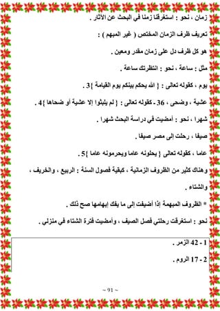 ~ 91 ~
. ‫اآلثار‬ ‫عن‬ ‫البحث‬ ‫في‬ ‫زمنا‬ ‫استغرقنا‬ : ‫نحو‬ ، ‫زمان‬
: ) ‫المبهم‬ ‫غير‬ ( ‫المختص‬ ‫الزمان‬ ‫ظرف‬ ‫تعريف‬
. ‫ومعين‬ ‫مقدر‬ ‫زمان‬ ‫على‬ ‫دل‬ ‫ظرف‬ ‫كل‬ ‫هو‬
‫انتظ‬ : ‫نحو‬ ، ‫ساعة‬ : ‫مثل‬
. ‫ساعة‬ ‫رتك‬
} ‫القيامة‬ ‫يوم‬ ‫بينكم‬ ‫يحكم‬ ‫هللا‬ { : ‫تعالى‬ ‫كقوله‬ ، ‫يوم‬
3
.
، ‫وضحى‬ ، ‫عشية‬
36
} ‫ضحاها‬ ‫أو‬ ‫عشية‬ ‫إال‬ ‫يلبثوا‬ ‫لم‬ { : ‫تعالى‬ ‫كقوله‬ ‫ـ‬
4
.
. ‫شهرا‬ ‫البحث‬ ‫دراسة‬ ‫في‬ ‫أمضيت‬ : ‫نحو‬ ، ‫شهرا‬
. ‫صيفا‬ ‫مصر‬ ‫إلى‬ ‫رحلت‬ ، ‫صيفا‬
} ‫عاما‬ ‫ويحرمونه‬ ‫عاما‬ ‫يحلونه‬ { ‫تعالى‬ ‫كقوله‬ ، ‫عاما‬
5
.
‫وه‬
، ‫والخريف‬ ، ‫الربيع‬ : ‫السنة‬ ‫فصول‬ ‫كبقية‬ ، ‫الزمانية‬ ‫الظروف‬ ‫من‬ ‫كثير‬ ‫ناك‬
. ‫والشتاء‬
. ‫ذلك‬ ‫صح‬ ‫إبهامها‬ ‫يفك‬ ‫ما‬ ‫إلى‬ ‫أضيفت‬ ‫إذا‬ ‫المبهمة‬ ‫الظروف‬ *
. ‫منزلي‬ ‫في‬ ‫الشتاء‬ ‫فترة‬ ‫وأمضيت‬ ، ‫الصيف‬ ‫فصل‬ ‫رحلتي‬ ‫استغرقت‬ : ‫نحو‬
1
‫ـ‬
42
. ‫الزمر‬
2
‫ـ‬
17
. ‫الروم‬
 