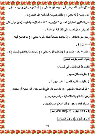 ~ 94 ~
} ُ‫د‬‫بع‬ ‫ومن‬ ُ‫ل‬‫قب‬ ‫من‬ ‫األمر‬ ‫هلل‬ { : ‫تعالى‬ ‫قوله‬ ‫وبعد‬ ، ‫قبل‬ ‫في‬ ‫النصب‬ ‫تقدير‬ ‫فمثال‬
3
.
39
} ‫عليكم‬ ‫هللا‬ ‫فمن‬ ‫قبل‬ ‫من‬ ‫كنتم‬ ‫كذلك‬ { : ‫تعالى‬ ‫قوله‬ ‫ومنه‬ ‫ـ‬
4
.
‫على‬ ‫مبنى‬ ‫زمان‬ ‫ظرف‬ ‫منها‬ ‫كل‬ ‫جاء‬ ‫قد‬ " ‫وبعد‬ ‫قبل‬ " ‫أن‬ ‫نجد‬ ‫السابقين‬ ‫المثالين‬ ‫ففي‬
‫في‬ ‫الضم‬
. ‫الزمانية‬ ‫الظرفية‬ ‫على‬ ‫نصب‬ ‫محل‬
‫قبله‬ ‫من‬ ‫كنا‬ ‫إنا‬ { : ‫تعالى‬ ‫قوله‬ ، ‫لفظا‬ ‫مضافة‬ ‫جاء‬ ‫إذا‬ ، ‫ظاهرا‬ ‫جرها‬ ‫ومثال‬
} ‫مسلمين‬
5
.
} ‫البينا‬ ‫جاءتهم‬ ‫ما‬ ‫بعد‬ ‫من‬ { : ‫تعالى‬ ‫قوله‬ ‫إلضافتها‬ ‫المجرورة‬ " ‫بعد‬ " ‫ومثال‬
6
.
‫ثانيا‬
‫ـ‬
‫أقسام‬
‫ظرف‬
‫المكان‬
: ‫قسمين‬ ‫إلى‬ ‫المكان‬ ‫ظرف‬ ‫ينقسم‬
1
‫م‬ ‫ظرف‬ ‫ـ‬
. ‫مبهم‬ ‫كان‬
2
. " ‫مبهم‬ ‫غير‬ " ‫مختص‬ ‫مكان‬ ‫ظرف‬ ‫ـ‬
. ‫محدود‬ ‫أو‬ ‫معين‬ ‫غير‬ ‫مكان‬ ‫ظرف‬ ‫على‬ ‫دل‬ ‫اسم‬ ‫كل‬ ‫هو‬ : ‫المبهم‬ ‫المكان‬ ‫ظرف‬ *
: ‫وهى‬ ‫والفرعية‬ ، ‫األصلية‬ ‫الجها‬ ‫ذلك‬ ‫ومن‬
. ‫الطالب‬ ‫أمام‬ ‫المعلم‬ ‫وقف‬ : ‫نحو‬ ، ‫قدام‬ ‫أو‬ ‫أمام‬
1
‫ـ‬
223
‫البقرة‬
.
2
‫ـ‬
187
‫األعراف‬
.
3
‫ـ‬
4
‫الروم‬
.
4
‫ـ‬
94
‫ا‬
‫لنساء‬
.
 