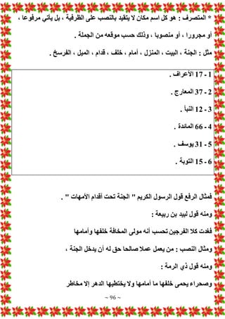 ~ 96 ~
، ‫مرفوعا‬ ‫يأتي‬ ‫بل‬ ، ‫الظرفية‬ ‫على‬ ‫بالنصب‬ ‫يتقيد‬ ‫ال‬ ‫مكان‬ ‫اسم‬ ‫كل‬ ‫هو‬ : ‫المتصرف‬ *
. ‫الجملة‬ ‫من‬ ‫موقعه‬ ‫حسب‬ ‫وذلك‬ ، ‫منصوبا‬ ‫أو‬ ، ‫مجرورا‬ ‫أو‬
‫المي‬ ، ‫قدام‬ ، ‫خلف‬ ، ‫أمام‬ ، ‫المنزل‬ ، ‫البيت‬ ، ‫الجنة‬ : ‫مثل‬
. ‫الفرسخ‬ ، ‫ل‬
1
‫ـ‬
17
. ‫األعراف‬
2
‫ـ‬
37
. ‫المعارج‬
3
‫ـ‬
12
. ‫النبأ‬
4
‫ـ‬
66
. ‫المائدة‬
5
‫ـ‬
31
. ‫يوسف‬
6
‫ـ‬
15
. ‫التوبة‬
. " ‫األمها‬ ‫أقدام‬ ‫تحت‬ ‫الجنة‬ " ‫الكريم‬ ‫الرسول‬ ‫قول‬ ‫الرفع‬ ‫فمثال‬
: ‫ربيعة‬ ‫بن‬ ‫لبيد‬ ‫قول‬ ‫ومنه‬
‫وأمامها‬ ‫خلفها‬ ‫المخافة‬ ‫مولى‬ ‫أنه‬ ‫تحسب‬ ‫الفرجين‬ ‫كال‬ ‫فغد‬
‫ا‬ ‫ومثال‬
، ‫الجنة‬ ‫يدخل‬ ‫أن‬ ‫له‬ ‫حق‬ ‫صالحا‬ ‫عمال‬ ‫يعمل‬ ‫من‬ : ‫لنصب‬
: ‫الرمة‬ ‫ذي‬ ‫قول‬ ‫ومنه‬
‫مخاطر‬ ‫إال‬ ‫الدهر‬ ‫يختطيها‬ ‫وال‬ ‫أمامها‬ ‫ما‬ ‫خلفها‬ ‫يحمى‬ ‫وصحراء‬
 