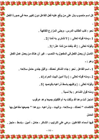 ~ 99 ~
‫على‬ ‫يدل‬ ‫منصوب‬ ‫اسم‬ ‫كل‬
‫الفعل‬ ‫صورة‬ ‫في‬ ‫معه‬ ‫تغيير‬ ‫دون‬ ‫الفاعل‬ ‫فعل‬ ‫عليه‬ ‫وقع‬ ‫من‬
.
. ‫الفاكهة‬ ‫المزارع‬ ‫وجنى‬ ، ‫الدرس‬ ‫الطالب‬ ‫كتب‬ : ‫نحو‬
1
} ‫ثمنا‬ ‫به‬ ‫نشتري‬ ‫ال‬ { : ‫تعالى‬ ‫قوله‬ ‫ومنه‬ ‫ـ‬
2
.
} ‫عذرا‬ ‫لدنا‬ ‫من‬ ‫بلغت‬ ‫قد‬ { : ‫تعالى‬ ‫وقوله‬
3
.
‫عمل‬ ‫يعمل‬ ‫من‬ ‫هناك‬ ‫أن‬ ‫غير‬ ، ‫النصب‬ ‫به‬ ‫المفعول‬ ‫في‬ ‫الفعل‬ ‫يعمل‬ ‫أن‬ ‫األصل‬
‫الفعل‬
‫ـ‬ : ‫وهو‬
1
. ‫سالحه‬ ‫حامل‬ ‫جندي‬ ‫وأقبل‬ ، ‫نعمتك‬ ‫الشاكر‬ ‫جاء‬ : ‫نحو‬ . ‫الفاعل‬ ‫اسم‬ ‫ـ‬
2
} ‫الحرام‬ ‫البيت‬ ‫آمين‬ ‫وال‬ { : ‫تعالى‬ ‫قوله‬ ‫ومنه‬ ‫ـ‬
4
.
} ‫بالوصيد‬ ‫ذراعيه‬ ‫باسط‬ ‫وكلبهم‬ { : ‫تعالى‬ ‫وقوله‬
5
.
. ‫نسبة‬ ‫بال‬ : ‫الشاعر‬ ‫قول‬ ‫ومنه‬
‫ع‬ ‫وعد‬ ‫جميعا‬ ‫اقتفيتم‬ ‫أم‬ ‫به‬ ‫وثقت‬ ‫قد‬ ‫وعدا‬ ‫أنت‬ ‫أمنجز‬
‫رقوب‬
‫بها‬ ‫مفاعيل‬ ‫جميعها‬ " ‫ووعدا‬ ، ‫وذراعيه‬ ، ‫والبيت‬ ، ‫وسالحه‬ ، ‫نعمتك‬ " ‫فالكلما‬
‫العامل‬
. ‫منجز‬ ، ‫باسط‬ ، ‫آمين‬ ، ‫حامل‬ ، ‫الشاكر‬ : ‫الترتيب‬ ‫على‬ ‫وهي‬ ، ‫الفاعلين‬ ‫أسماء‬ ‫فيها‬
 