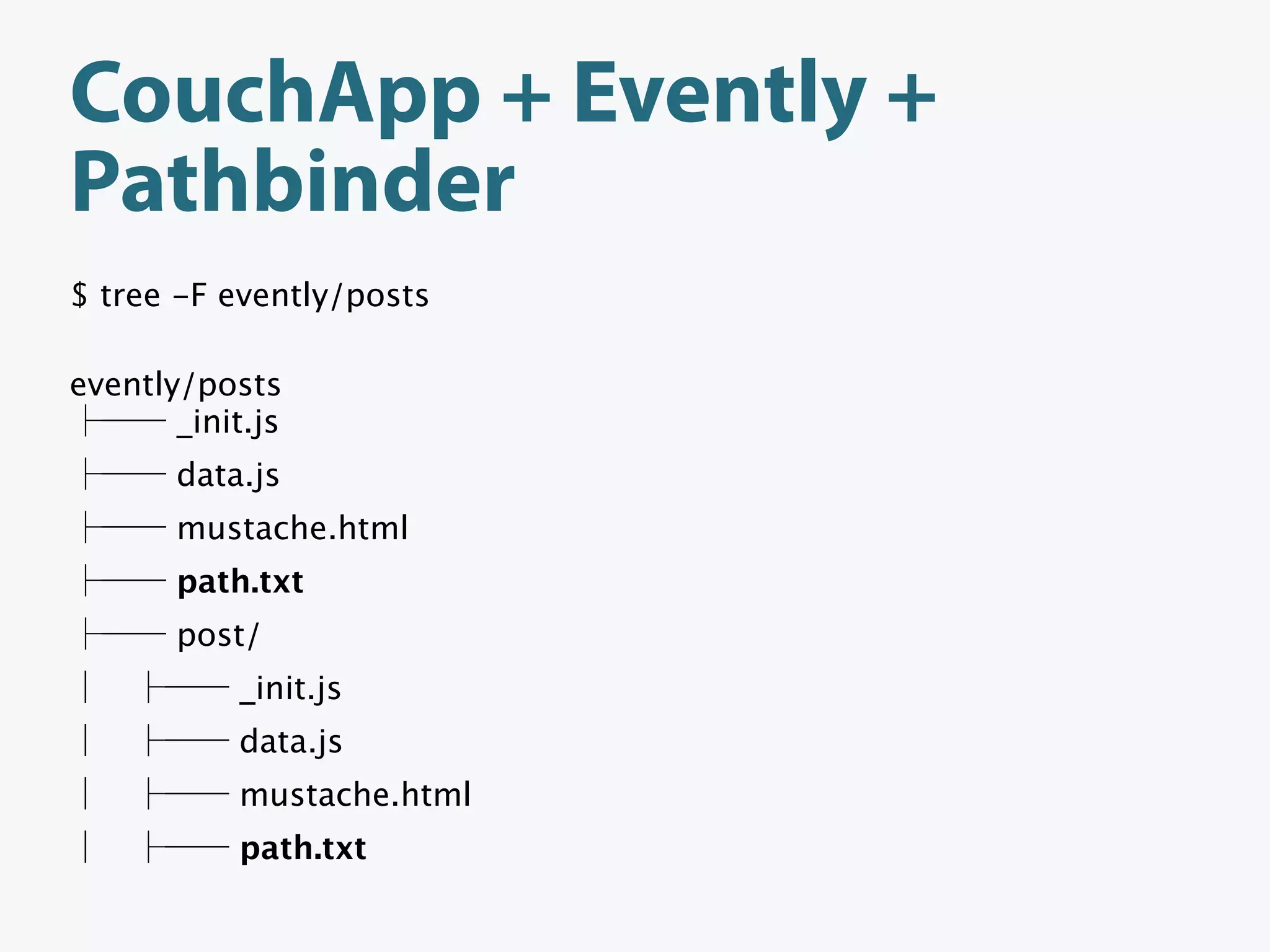 CouchApp + Evently +
Pathbinder
$ tree -F evently/posts

evently/posts
       _init.js
       data.js
       mustache.html
       path.txt
       post/
           _init.js
           data.js
           mustache.html
           path.txt
 