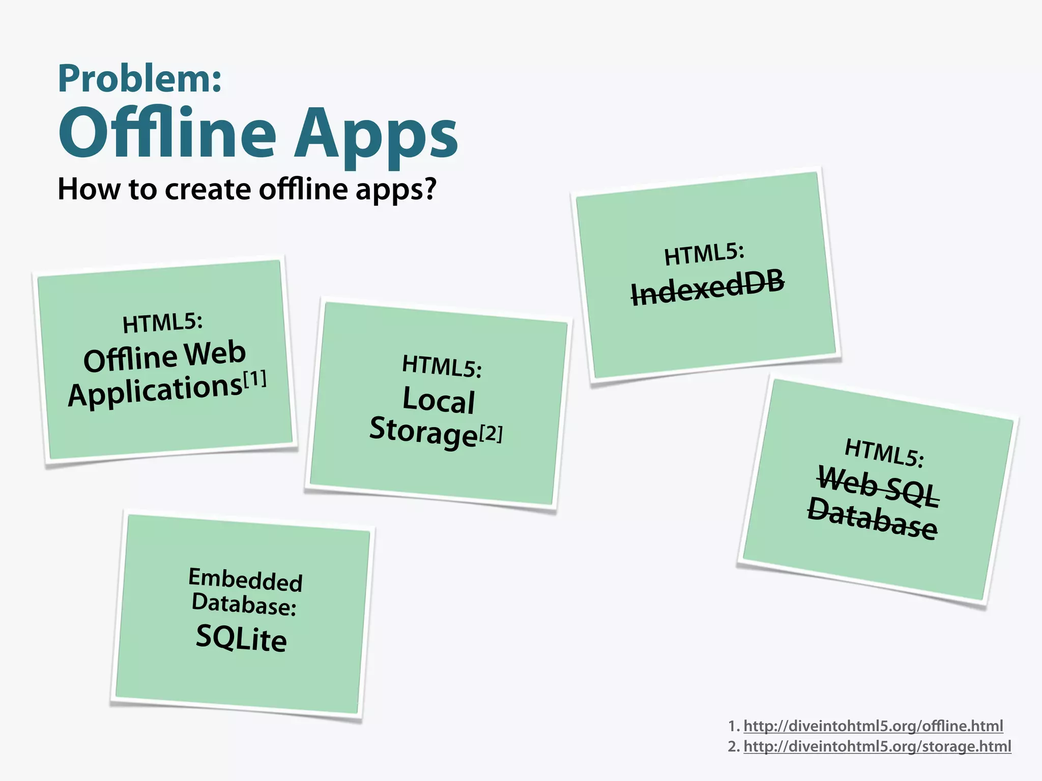 Problem:
Oﬄine Apps
How to create oﬄine apps?

                                  HTML5:
                                 IndexedDB
    HTML5:
 Oﬄine Web[1]         HTML5:
Applications          Local
                    Storage[2]
                                                      HTML5
                                                                :
                                                Web SQ
                                                Databa L
                                                      se
        Embedded
        Database:
         SQLite

                                      1. http://diveintohtml5.org/oﬄine.html
                                      2. http://diveintohtml5.org/storage.html
 
