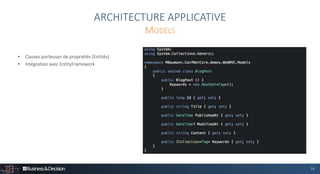 14
• Classes porteuses de propriétés (Entités)
• Intégration avec EntityFramework
ARCHITECTURE APPLICATIVE
MODELS
 