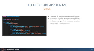 15
• Templates RAZOR (optionnel, fortement typées)
• Supportent l’injection de dépendances (services)
• Embarquent un grand nombre d’automatisations
• Supporte des « vues partielles »
ARCHITECTURE APPLICATIVE
VIEWS
 