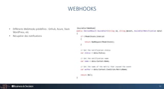 33
• Différents WebHooks prédéfinis : Github, Azure, Slack
WordPress, etc
• Récupérer des notifications
WEBHOOKS
 