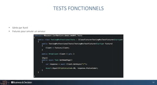 34
• Gérés par Xunit
• Fixtures pour simuler un serveur
TESTS FONCTIONNELS
 