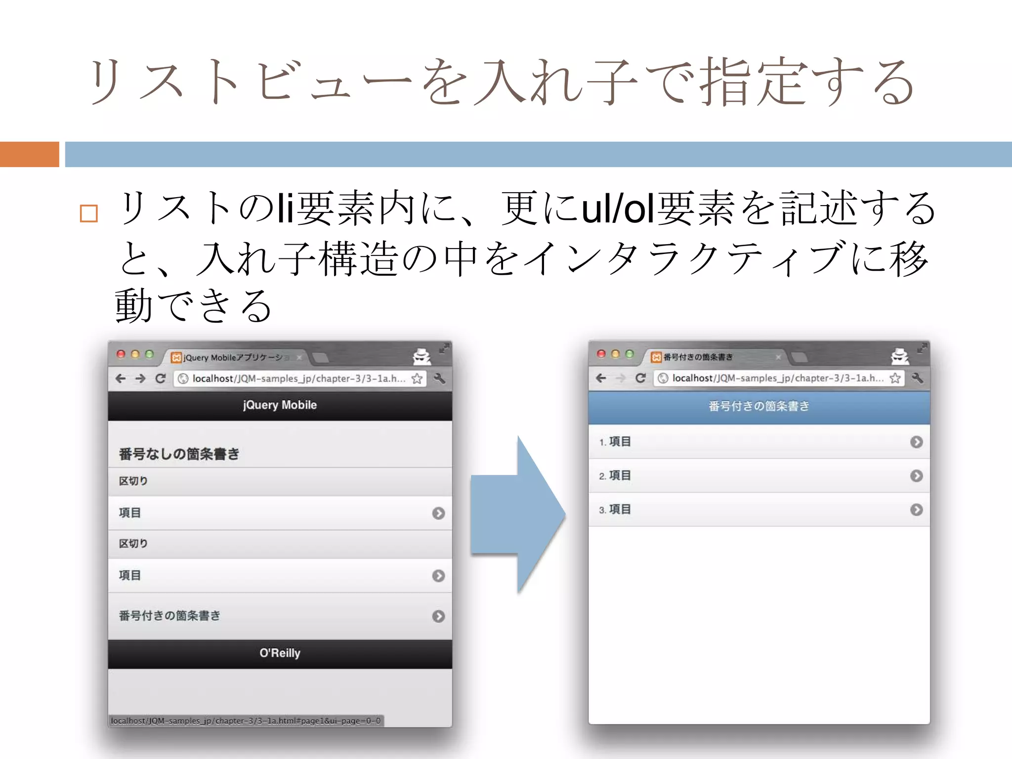 リストビューを入れ子で指定する

   リストのli要素内に、更にul/ol要素を記述する
    と、入れ子構造の中をインタラクティブに移
    動できる
 