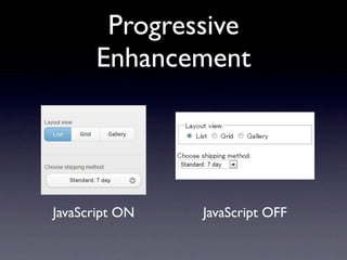 Progressive
      Enhancement




JavaScript ON   JavaScript OFF
 