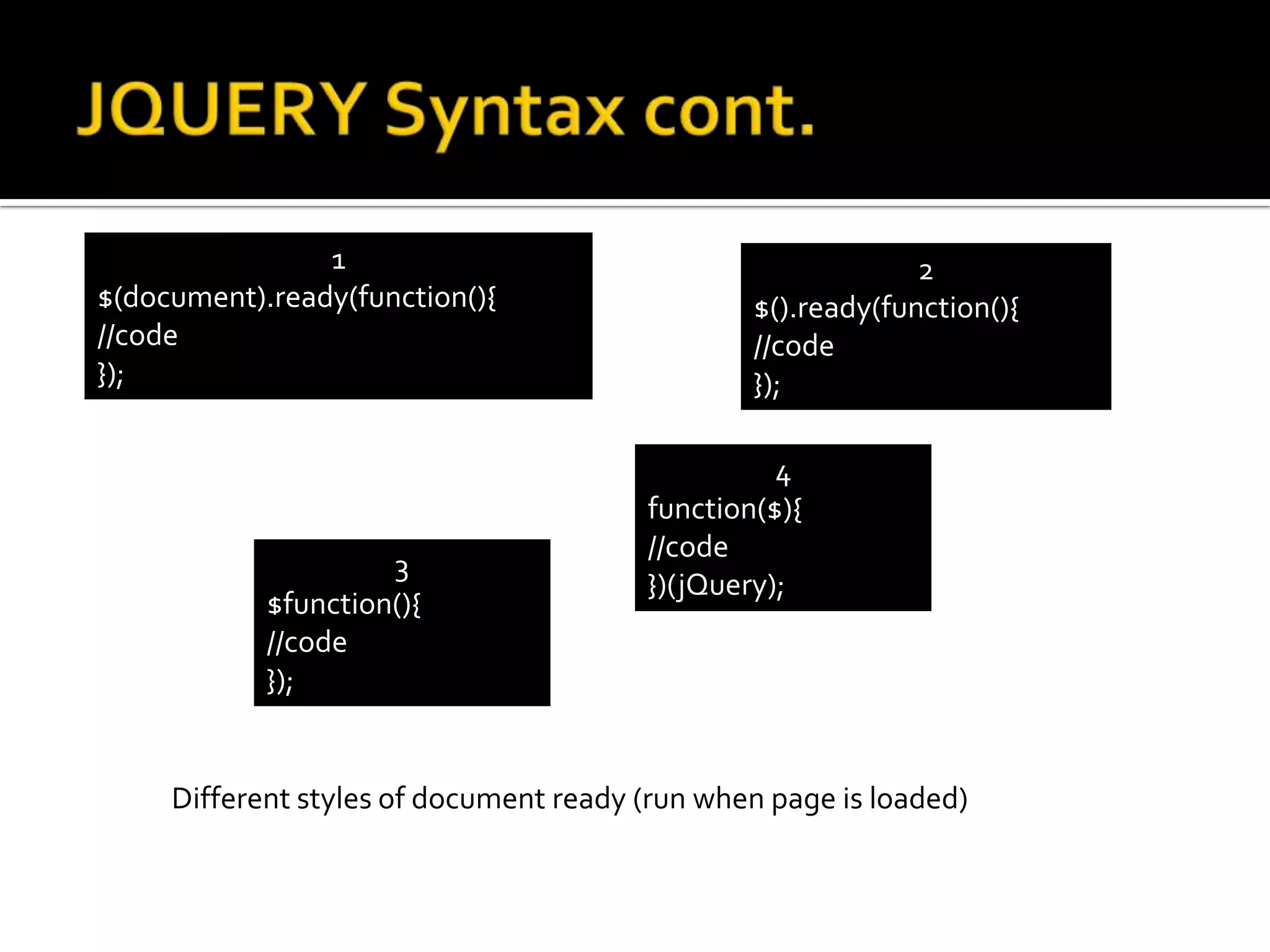 1                                            2
$(document).ready(function(){                   $().ready(function(){
//code                                          //code
});                                             });

                                                  4
                                        function($){
                                        //code
                     3
                                        })(jQuery);
            $function(){
            //code
            });


     Different styles of document ready (run when page is loaded)
 