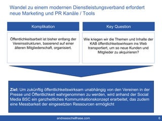 Wandel zu einem modernen Dienstleistungsverband erfordert 
neue Marketing und PR Kanäle / Tools 
6 
Komplikation Key Question 
Öffentlichkeitsarbeit ist bisher entlang der 
Vereinsstrukturen, basierend auf einer 
älteren Mitgliederschaft, organisiert. 
Wie kriegen wir die Themen und Inhalte der 
KAB öffentlichkeitswirksam ins Web 
transportiert, um so neue Kunden und 
Mitglieder zu akquirieren? 
Ziel: Um zukünftig öffentlichkeitswirksam unabhängig von den Vereinen in der 
Presse und Öffentlichkeit wahrgenommen zu werden, wird anhand der Social 
Media BSC ein ganzheitliches Kommunikationskonzept erarbeitet, das zudem 
eine Messbarkeit der eingesetzten Ressourcen ermöglicht 
andreasschellhase.com 
 