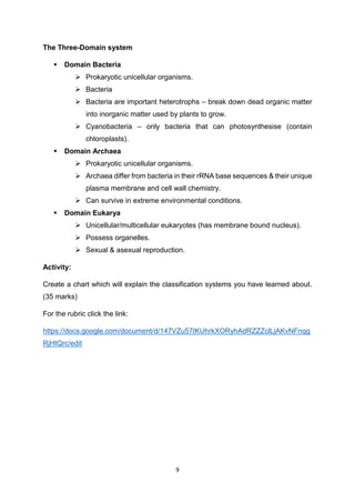 9
The Three-Domain system
 Domain Bacteria
 Prokaryotic unicellular organisms.
 Bacteria
 Bacteria are important heterotrophs – break down dead organic matter
into inorganic matter used by plants to grow.
 Cyanobacteria – only bacteria that can photosynthesise (contain
chloroplasts).
 Domain Archaea
 Prokaryotic unicellular organisms.
 Archaea differ from bacteria in their rRNA base sequences & their unique
plasma membrane and cell wall chemistry.
 Can survive in extreme environmental conditions.
 Domain Eukarya
 Unicellular/multicellular eukaryotes (has membrane bound nucleus).
 Possess organelles.
 Sexual & asexual reproduction.
Activity:
Create a chart which will explain the classification systems you have learned about.
(35 marks)
For the rubric click the link:
https://docs.google.com/document/d/147VZu57IKUhrkXORyhAdRZZZclLjAKvNFnqg
RjHtQrc/edit
 