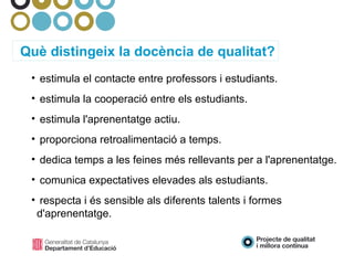 estimula el contacte entre professors i estudiants. estimula la cooperació entre els estudiants. estimula l'aprenentatge actiu. proporciona retroalimentació a temps. dedica temps a les feines més rellevants per a l'aprenentatge. comunica expectatives elevades als estudiants. respecta i és sensible als diferents talents i formes d'aprenentatge. Què distingeix la docència de qualitat? 