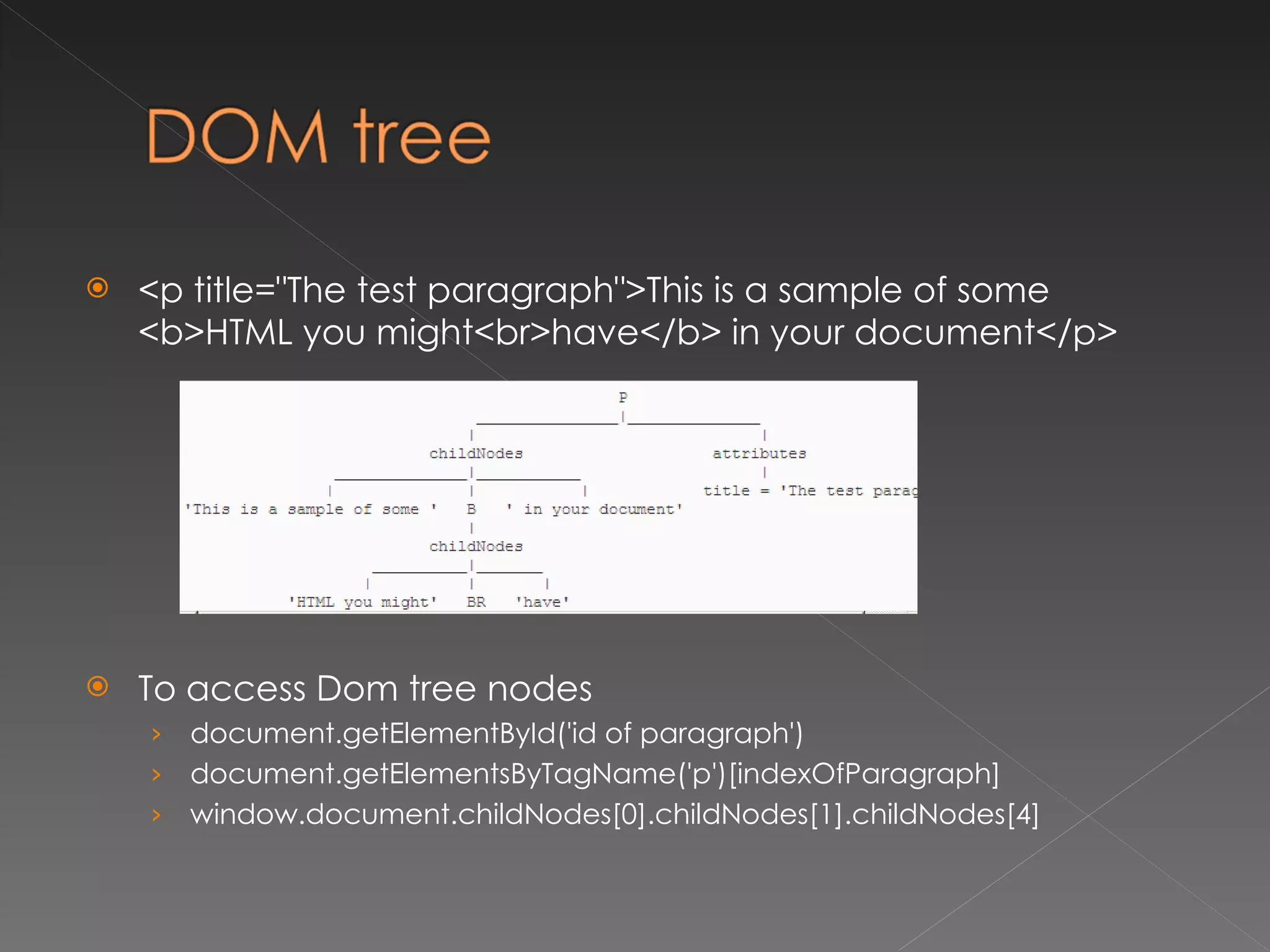<p title="The test paragraph">This is a sample of some <b>HTML you might<br>have</b> in your document</p> To access Dom tree nodes document.getElementById('id of paragraph')  document.getElementsByTagName('p')[indexOfParagraph] window.document.childNodes[0].childNodes[1].childNodes[4] 