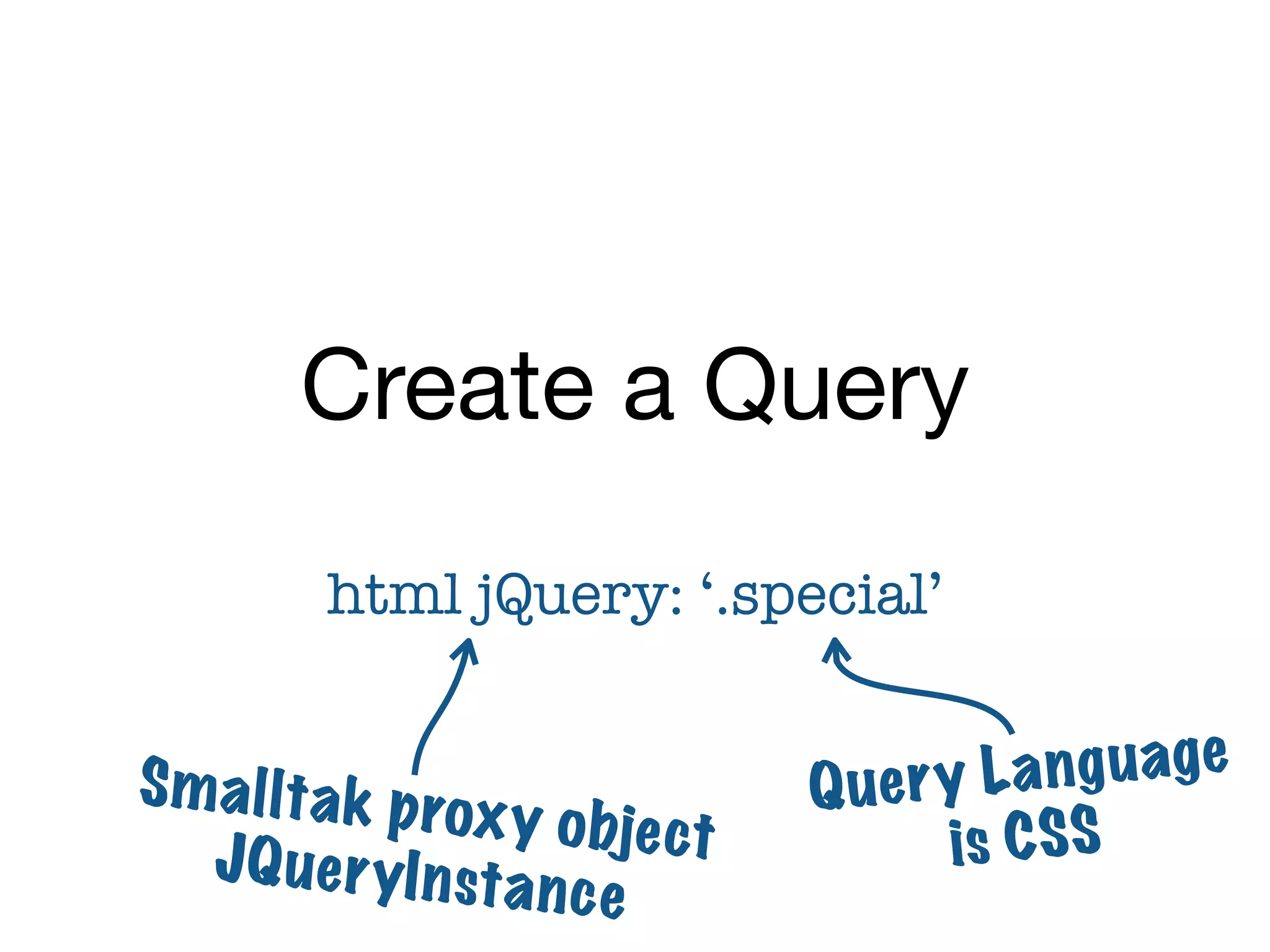 Create a Query
          html jQuery: ‘.special’


S m a l lt a k p ro                Q uer y La ng uage
                    x y o bje ct
   JQ u e r yI n st a                    is C S S
                       nce
 