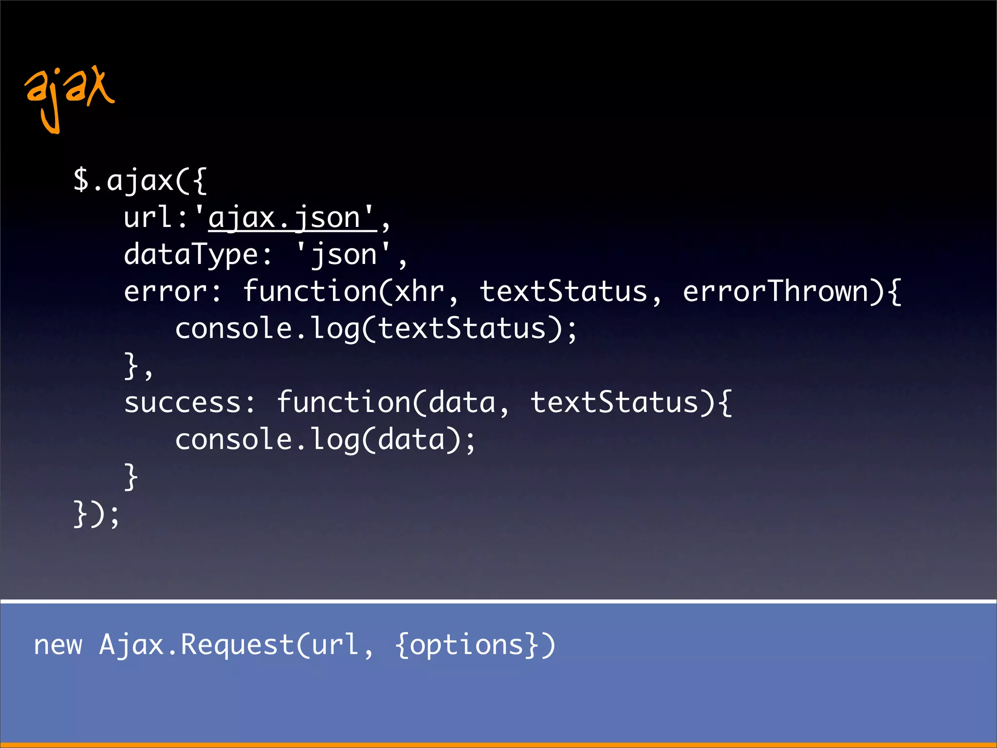 ajax
  $.ajax({
      url:'ajax.json',
      dataType: 'json',
      error: function(xhr, textStatus, errorThrown){
         console.log(textStatus);
      },
      success: function(data, textStatus){
         console.log(data);
      }
  });



new Ajax.Request(url, {options})
 