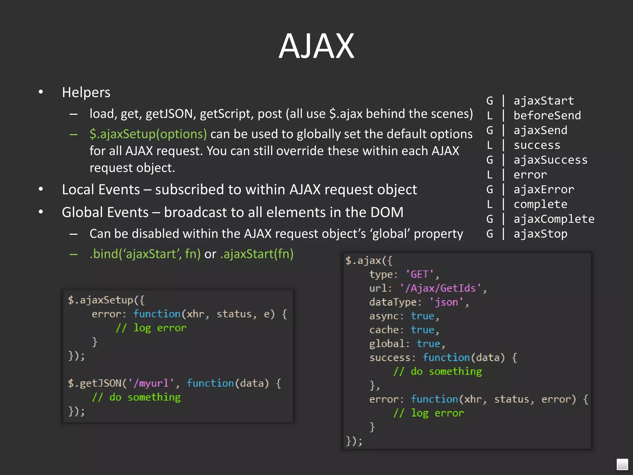 Utility FunctionsArray and Object Operations$.each(object, callback) – Callback function will run for each item in the object. The each method is meant to be an immutable iterator and returns the original array.$.map(array, callback) – Callback function will run for each item in the array. The map method can be used as an iterator, but is designed to be used for manipulation of the supplied array and returns a new array.$.merge(first, second) – Merges the second array into the first array.$.unique(array) – Removes duplicate elements (only works on arrays of DOM elements).$.extend(object) – Add functions into the jQuery namespace.$.extend(deep, target, object1, objectN) – Merge values from objects 1 to N into target object. Deep is an optional boolean that if true, tells jQuery to do a deep copy.$.grep(array, callback, invert) – Iterates through array, and returns a new array with values from the original array that satisfy the criteria specified in the callback.$.inArray(value, array) – Gets the index of the value in the array (-1 if not found).String Operations$.trim(str) – Removes whitespace from the given string.Test Operations$.isArray(obj) – Determines if the object is an array.$.isFunction(obj) – Determines if the object is a function.