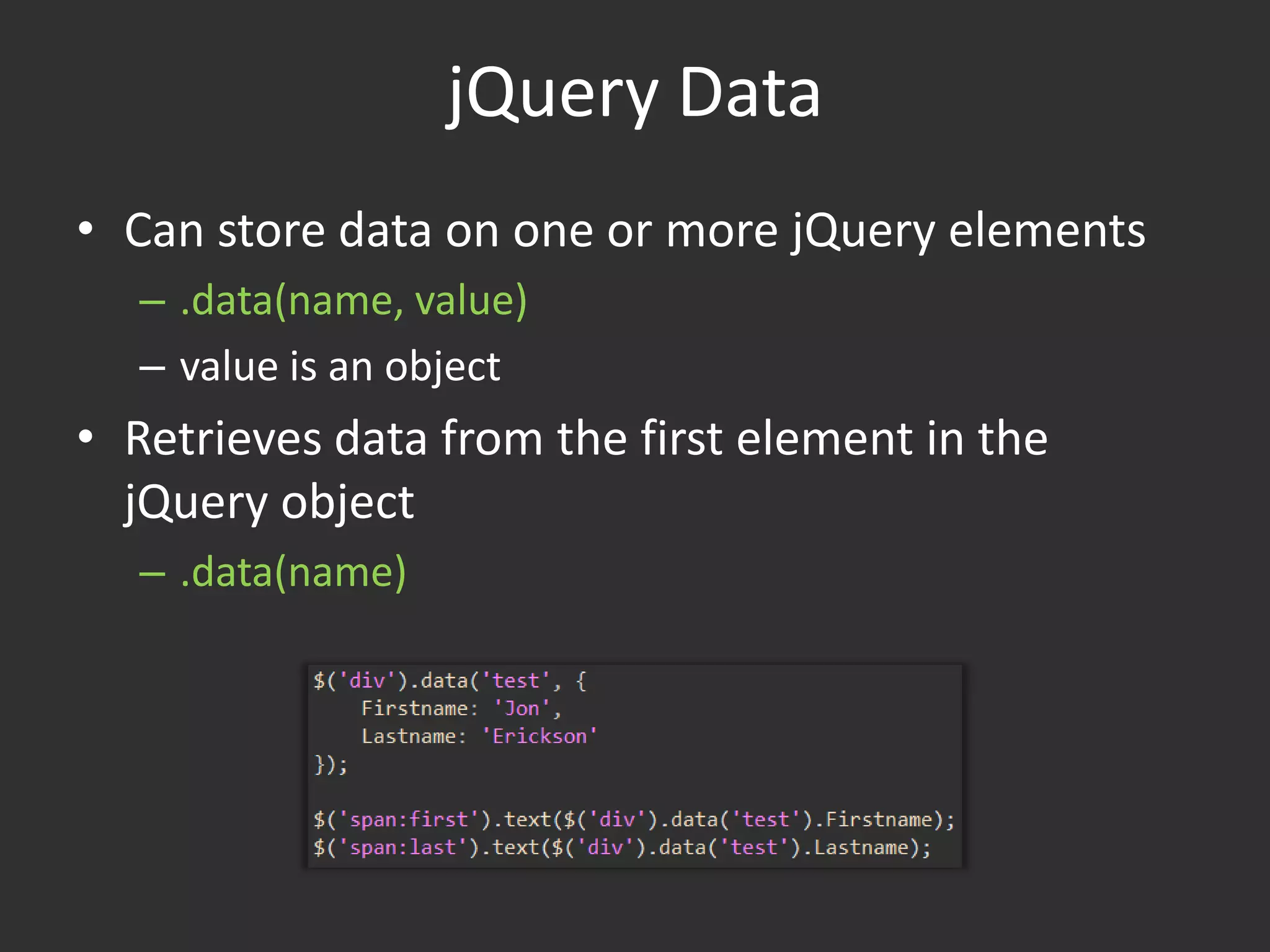 ResourcesjQuery Mainhttp://jquery.comhttp://docs.jquery.com/Downloading_jQueryjQuery API Documentationhttp://api.jquery.comhttp://docs.jquery.comjQuery UIhttp://jqueryui.comhttp://jqueryui.com/themeroller/jQuery Bloghttp://blog.jquery.com/Around The Webhttp://stackoverflow.comhttp://www.nettuts.comhttp://www.smashingmagazine.comToolsVisual Studio JavaScript Intellisense Support (KB958502)http://getfirebug.com/ (Firebug Firefox Plug-in)http://jsbin.com/  (JS Bin - Collaborative JavaScript Debugging)Twitter@jquery, @jqueryui, @jresig, @rem, @codylindley , @reybango, @elijahmanor, @jamespadolsey, @brandonaaron, @malsup, @pbakaus, @rworth