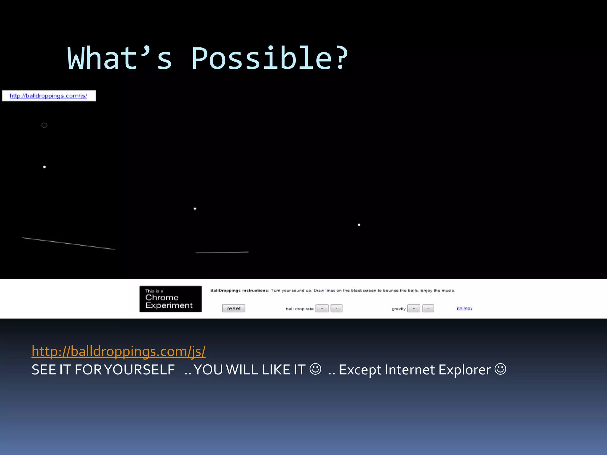 What’s Possible?http://balldroppings.com/js/SEE IT FOR YOURSELF .. YOU WILL LIKE IT  .. Except Internet Explorer 