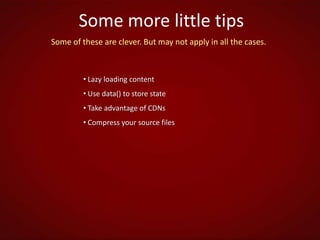 ChainingLess code. Better readability.$('p#elementId').css('border', '3px dashed yellow').css('background-color', 'orange').fadeIn('slow');