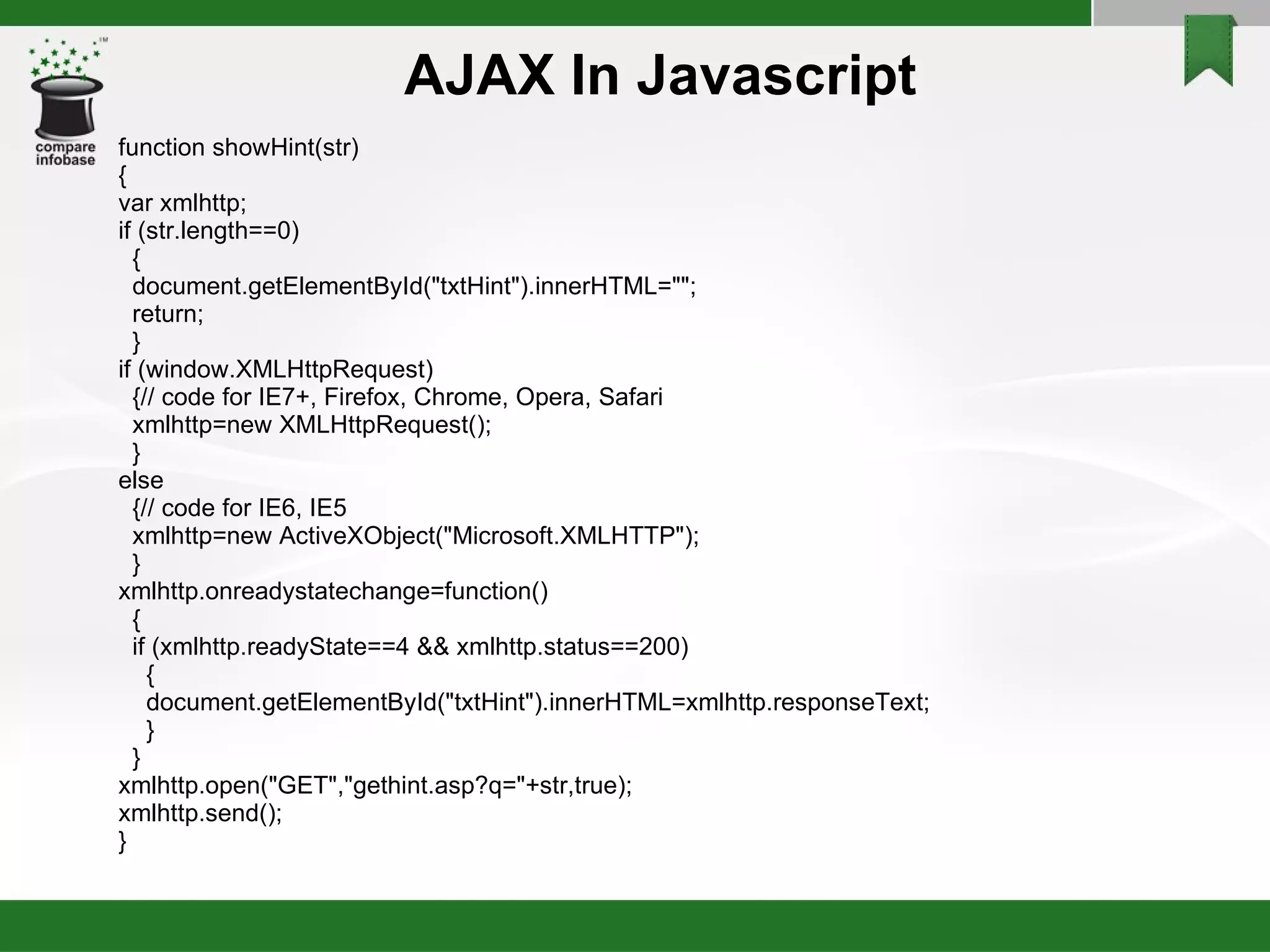 function showHint(str)‏ { var xmlhttp; if (str.length==0)‏ { document.getElementById("txtHint").innerHTML=""; return; } if (window.XMLHttpRequest)‏ {// code for IE7+, Firefox, Chrome, Opera, Safari xmlhttp=new XMLHttpRequest(); } else {// code for IE6, IE5 xmlhttp=new ActiveXObject("Microsoft.XMLHTTP"); } xmlhttp.onreadystatechange=function()‏ { if (xmlhttp.readyState==4 && xmlhttp.status==200)‏ { document.getElementById("txtHint").innerHTML=xmlhttp.responseText; } } xmlhttp.open("GET","gethint.asp?q="+str,true); xmlhttp.send(); } AJAX In Javascript 