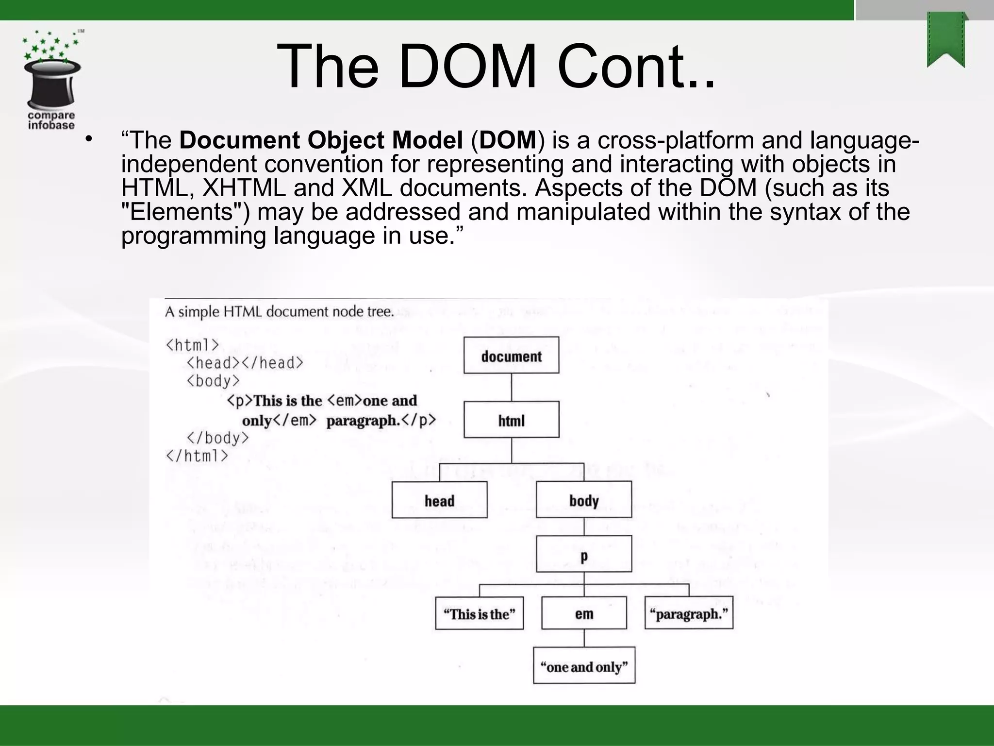 The DOM Cont.. “ The  Document Object Model  ( DOM ) is a cross-platform and language-independent convention for representing and interacting with objects in HTML, XHTML and XML documents. Aspects of the DOM (such as its "Elements") may be addressed and manipulated within the syntax of the programming language in use.” 