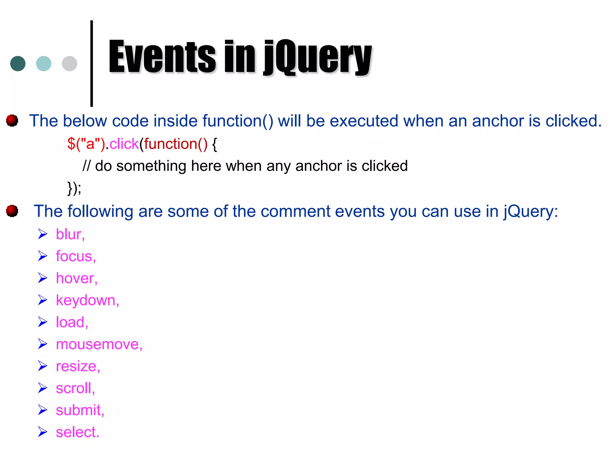$(":button"); 	// Selects any button elements (inputs or buttons)