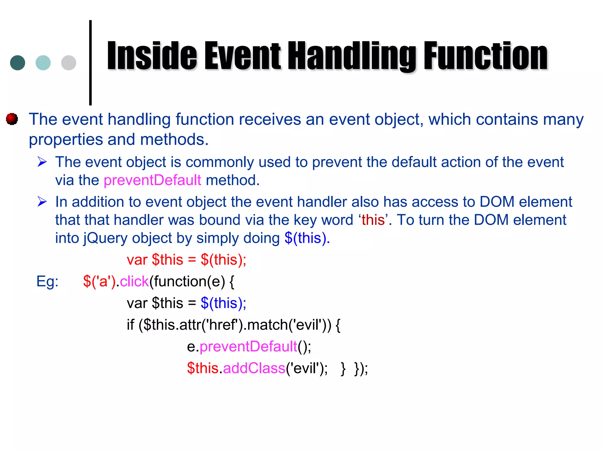 $(‘#id’)		id of element. 