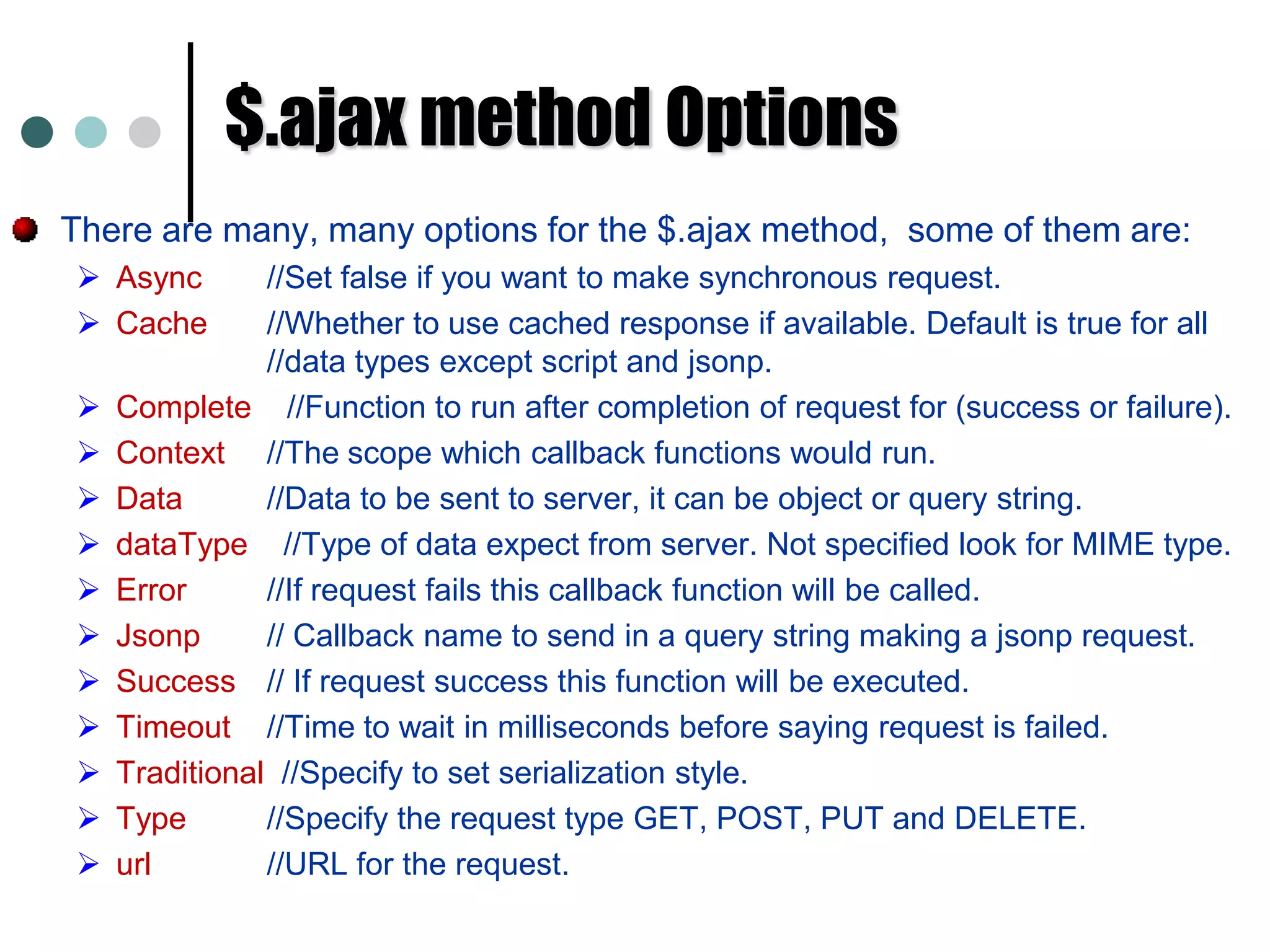 $(‘img’[alt])	<img> elements having an alt attributeSelecting Elements Example cont..,The below are some more selectors examples:$(‘a’[href^=http://]) 	//Select <a> elmt with an href attribute starting with ‘http://’.