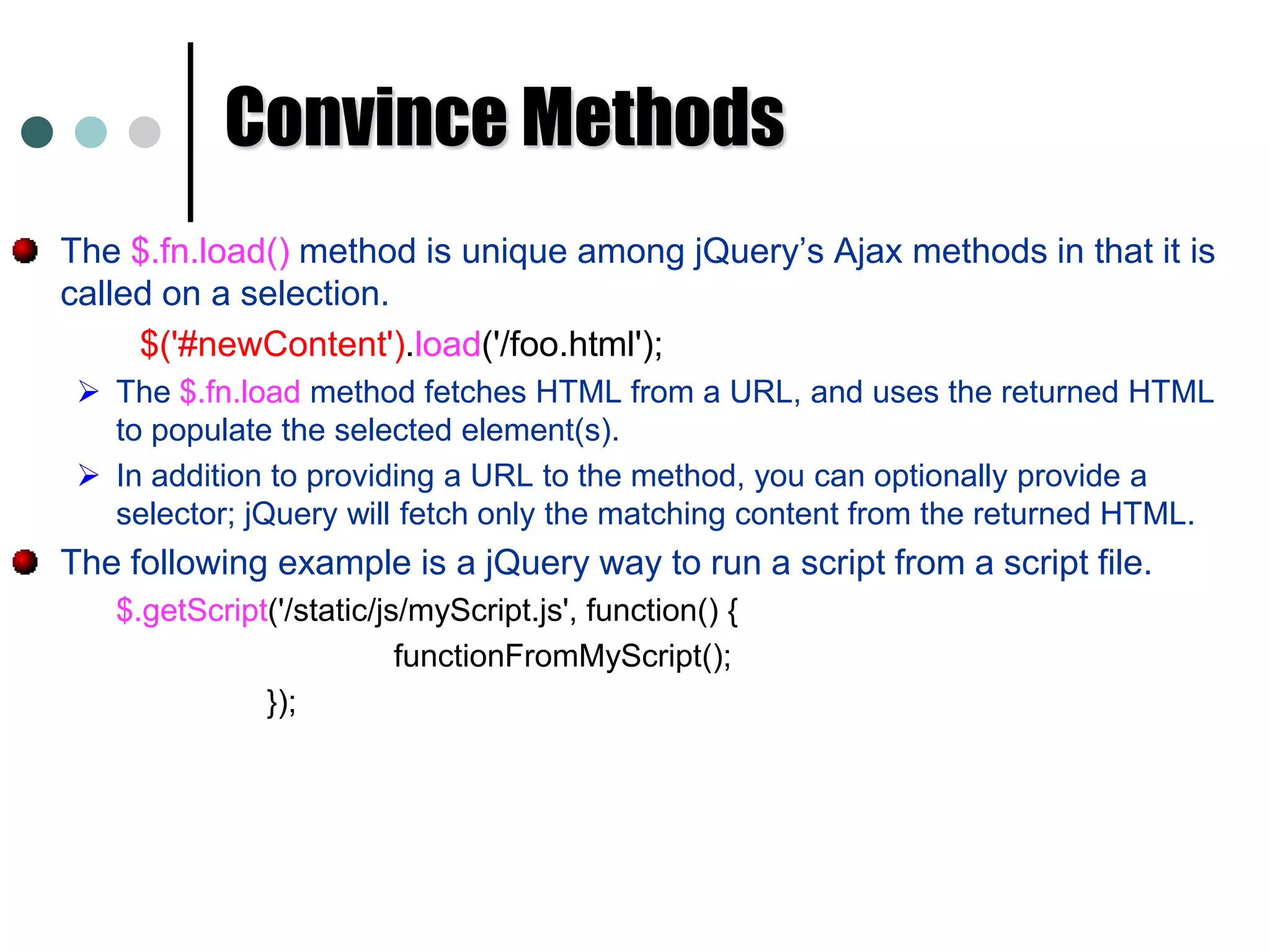 $(‘a’[href*=ntpcug])	//Select <a> elmt with an href attribute containing ‘ntpcug”. Working with Attributes The $fn.attr method acts as both a getter and setter. The $.fn.attr as a setter can accept either a key and a value, or an object containing one or more key/value pairs.$('a').attr('href', 'allMyHrefsAreTheSameNow.html');  //single attribute.$('a').attr({ 				// Multiple attribues. 'title' : 'all titles are the same too!', 'href' : 'somethingNew.html' });The below example demonstrates the getting attribute href of the first <a> element in the document. $('a').attr('href');