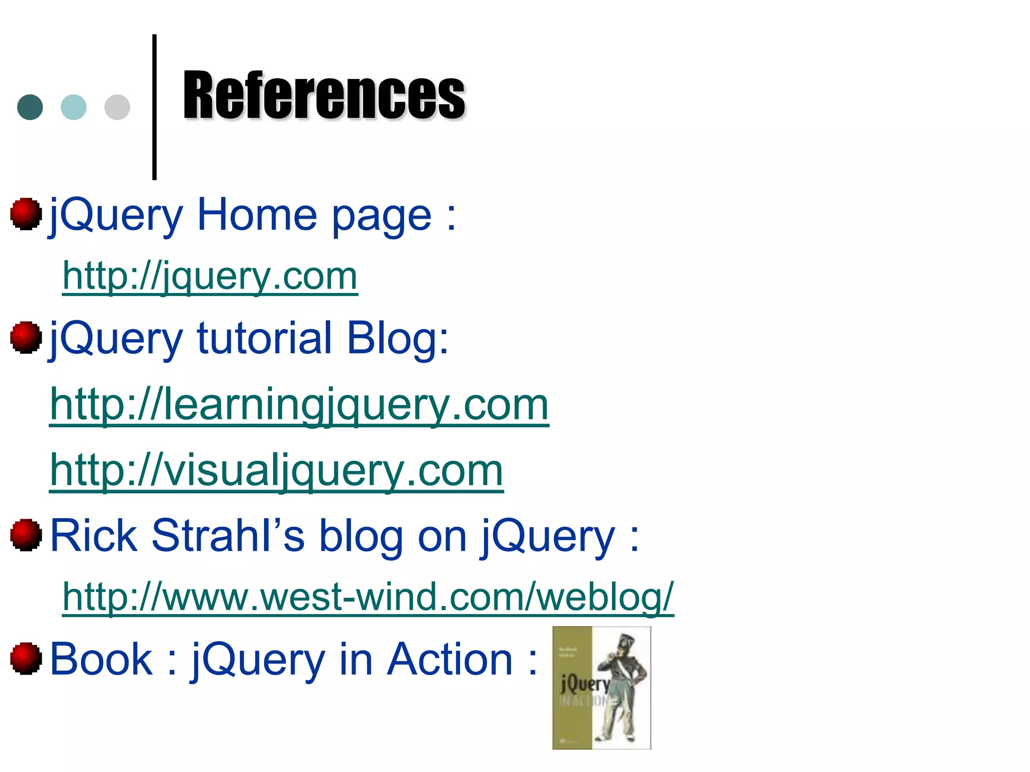 Traversing Elements Once you have a jQuery selection, you can find other elements using your selection as a starting point.With the help of jQuery traversal methods you can move around DOM tree. The below are the few traversal methods defined in jQuery: $('h1').next('p');