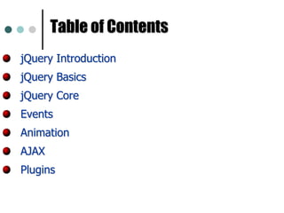 Table of ContentsjQuery IntroductionjQuery BasicsjQuery CoreEventsAnimationAJAXPlugins