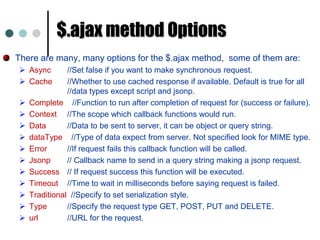 $(‘img’[alt])	<img> elements having an alt attributeSelecting Elements Example cont..,The below are some more selectors examples:$(‘a’[href^=http://]) 	//Select <a> elmt with an href attribute starting with ‘http://’.