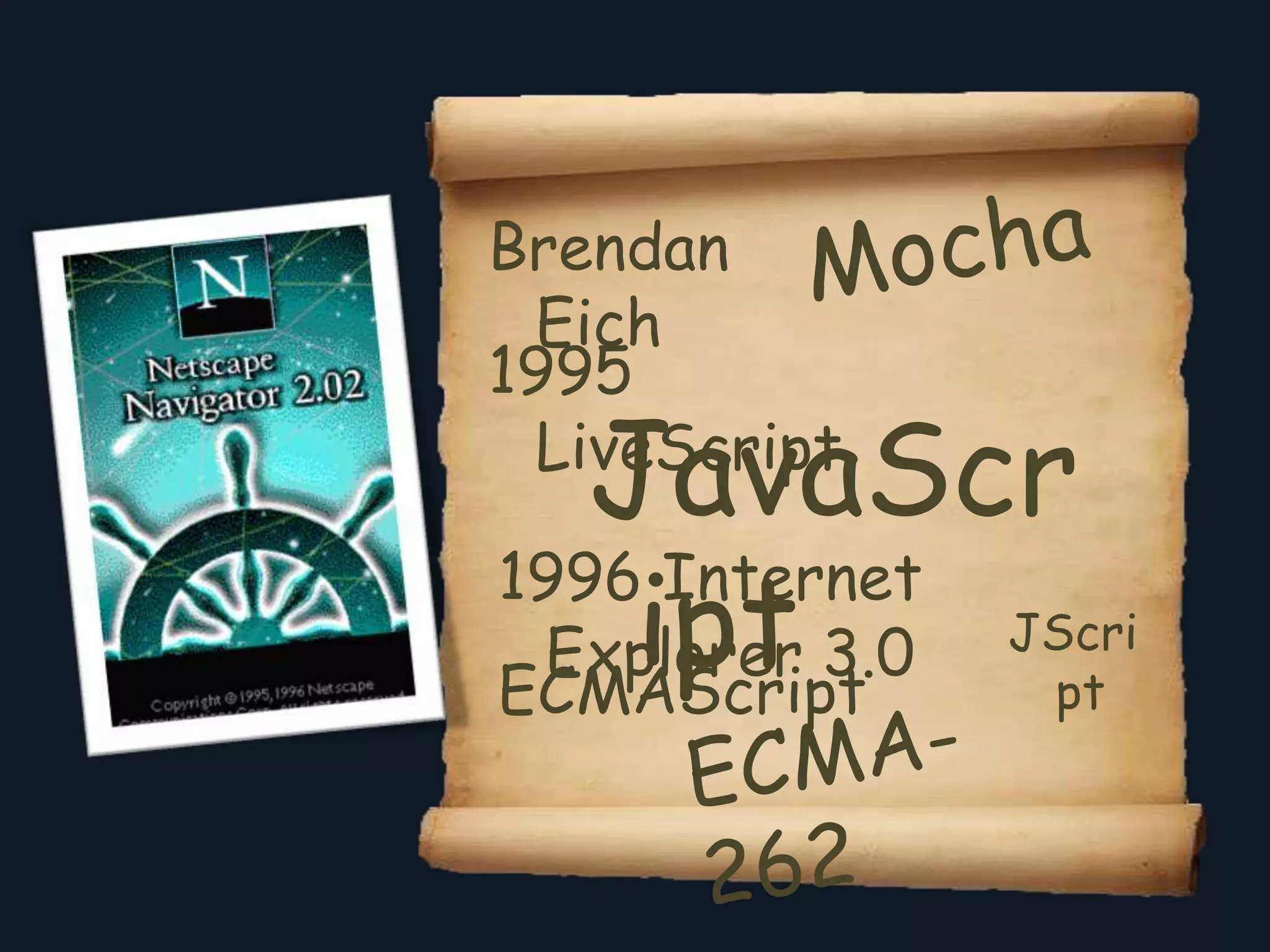 Brendan
 Eich
1995
   JavaScr
 LiveScript


    ipt
1996 Internet
              JScri
 Explorer 3.0
ECMAScript     pt
 
