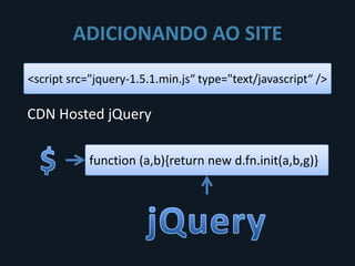 ADICIONANDO AO SITE
<script src="jquery-1.5.1.min.js“ type="text/javascript“ />

CDN Hosted jQuery

            function (a,b){return new d.fn.init(a,b,g)}
 