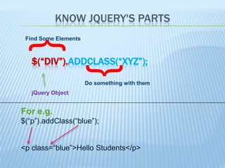 KNOW JQUERY'S PARTS
 Find Some Elements
  {
   $(“DIV”).ADDCLASS(“XYZ”);


   jQuery Object      }
                      Do something with them




For e.g.
$(“p”).addClass(“blue”);


<p class=“blue”>Hello Students</p>
 