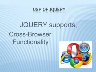 USP OF JQUERY


   JQUERY supports,
Cross-Browser
 Functionality
 