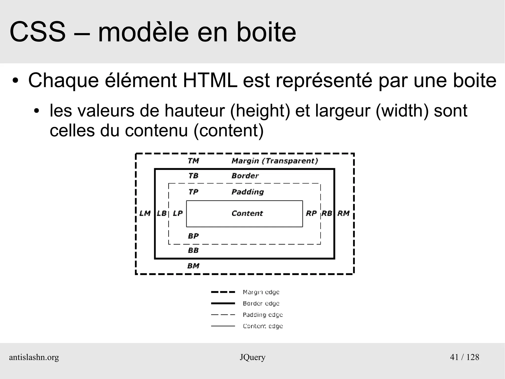 CSS – modèle en boite
●    Chaque élément HTML est représenté par une boite
      ●    les valeurs de hauteur (height) et largeur (width) sont
           celles du contenu (content)




antislashn.org                      JQuery                     41 / 128
 