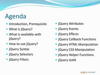 Agenda
 Introduction, Prerequisite    jQuery Filters
 What is jQuery?               jQuery Attributes
 What is available with        jQuery Events
  jQuery?                       jQuery Callback Functions
 How to use jQuery?            jQuery HTML Manipulation
 jQuery Syntax                 jQuery CSS Manipulation
 jQuery Selectors
 