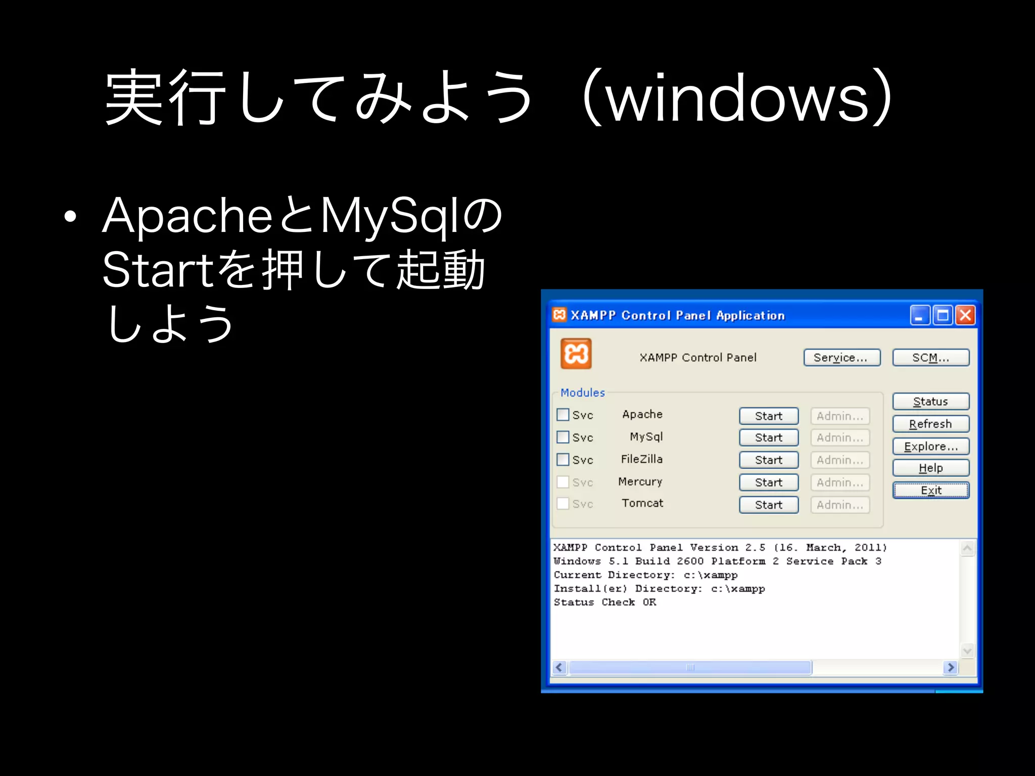実行してみよう（windows）
•  ApacheとMySqlの
   Startを押して起動
   しよう
 