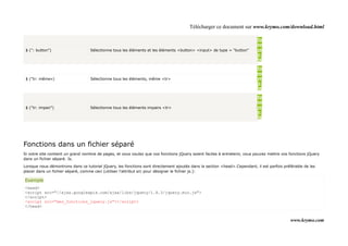 Télécharger ce document sur www.krymo.com/download.html

                                                                                                                            Es
                                                                                                                            sa
 $ (": button")                    Sélectionne tous les éléments et les éléments <button> <input> de type = "button"        ye
                                                                                                                            z-
                                                                                                                            le

                                                                                                                            Es
                                                                                                                            sa
 $ ("tr: même»)                    Sélectionne tous les éléments, même <tr>                                                 ye
                                                                                                                            z-
                                                                                                                            le

                                                                                                                            Es
                                                                                                                            sa
 $ ("tr: impair")                  Sélectionne tous les éléments impairs <tr>                                               ye
                                                                                                                            z-
                                                                                                                            le




Fonctions dans un fichier séparé
Si votre site contient un grand nombre de pages, et vous voulez que vos fonctions jQuery soient faciles à entretenir, vous pouvez mettre vos fonctions jQuery
dans un fichier séparé. Js.

Lorsque nous démontrons dans ce tutoriel jQuery, les fonctions sont directement ajoutés dans la section <head>.Cependant, il est parfois préférable de les
placer dans un fichier séparé, comme ceci (utiliser l'attribut src pour désigner le fichier js.):

Exemple
<head>
<script src="//ajax.googleapis.com/ajax/libs/jquery/1.8.3/jquery.min.js">
</script>
<script src="mes_fonctions_jquery.js"></script>
</head>


                                                                                                                                             www.krymo.com
 