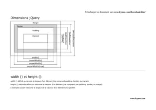 Télécharger ce document sur www.krymo.com/download.html

Dimensions jQuery




width () et height ()
width () définit ou renvoie la largeur d'un élément (ne comprend padding, border, ou marge).

height () méthode définit ou retourne la hauteur d'un élément (ne comprend pas padding, border, ou marge).

L'exemple suivant retourne la largeur et la hauteur d'un élément div spécifié:




                                                                                                                                www.krymo.com
 